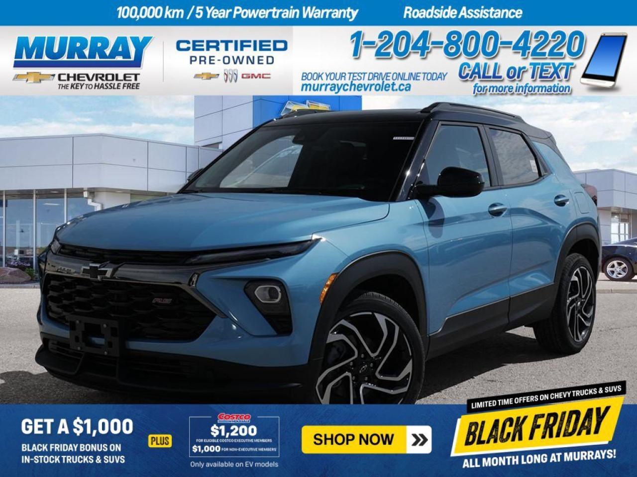 * MARINA BLUE METALLIC * * JET BLACK WITH RED ACCENTS EVOTEX SEAT TRIM * * ADAPTIVE CRUISE AND SOUND PACKAGE * - The 2026 Chevrolet Trailblazer RS in stunning Marina Blue Metallic is a sight to behold. This sport utility vehicle offers a luxurious interior with Jet Black seats accented in red, ensuring a stylish and comfortable ride for every journey. The Adaptive Cruise and Sound Package elevates your driving experience with a Bose premium 7-speaker system and adaptive cruise control, perfect for those long drives in and around Winnipeg.  The heart of the Trailblazer RS is its ECOTEC 1.3L I3 Turbocharged engine, delivering 155 horsepower and 236 Nm of torque, ensuring ample power and efficiency. Paired with a 9-speed automatic transmission, this vehicle promises smooth and responsive handling, making it ideal for tackling both city streets and prairie highways with confidence.  Featuring all-wheel drive, the Trailblazer RS is well-equipped to handle the diverse weather conditions of the region. The dual-pane panoramic sunroof allows you to enjoy the expansive prairie skies, while advanced safety features like lane keeping assist, front collision warning, and blind spot monitoring provide peace of mind on every drive.  Inside, the Trailblazer is all about convenience and comfort. With a power liftgate, keyless start, and heated front seats, your daily commute or weekend adventure is made effortless. Stay connected with smart device integration, Bluetooth connectivity, and a WiFi hotspot, ensuring you are always in touch, wherever your journey takes you in the Winnipeg area.  Dealer Permit #1740