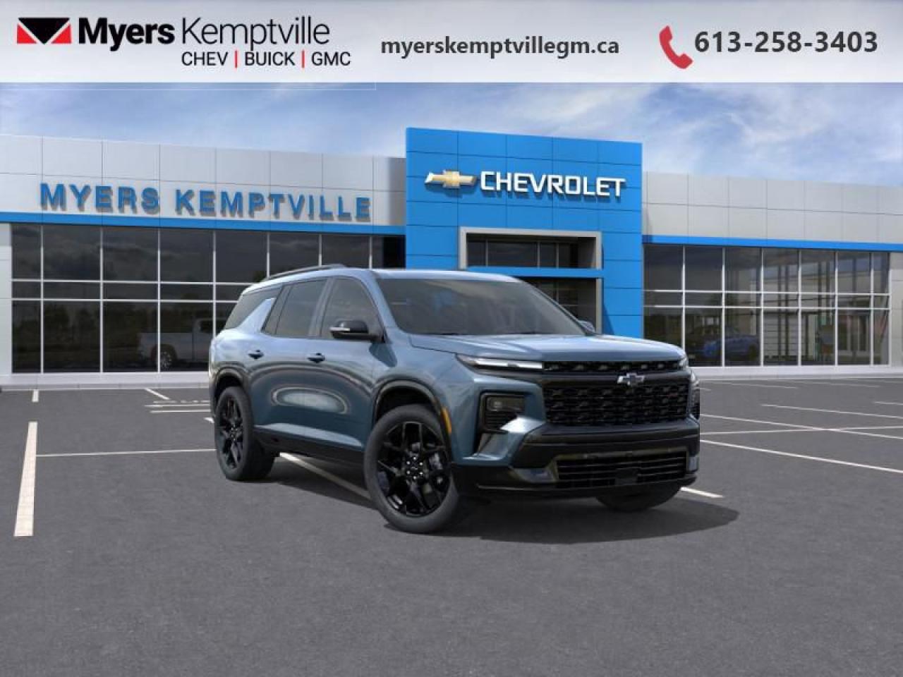 <b>Super Cruise,  Park Assist,  Sunroof,  Bose Premium Audio,  Cooled Seats!</b><br> <br> <br> <br>At Myers, we believe in giving our customers the power of choice. When you choose to shop with a Myers Auto Group dealership, you dont just have access to one inventory, youve got the purchasing power of an entire auto group behind you!<br> <br>  From urban commutes to long weekend getaways with the family, this Chevrolet Traverse has your journey covered. <br> <br>This 2025 Traverse was designed to do more than keep up with your family. With a huge and versatile cabin, you can rest assured that theres always a way for the next journey. Style, luxury, and technology come together to make every trip safer, cooler, and way more fun. Whatever you need to do and wherever you need to go, this Chevy Traverse has the capability to get it done.<br> <br> This lakeshore blue metallic SUV  has an automatic transmission.<br> <br> Our Traverses trim level is RS. This Traverse RS features GM Super Cruise for hands-free driving, automatic park assist, a panoramic sunroof and Bose premium audio, along with a trailering package, black aluminum wheels, ventilated and heated front seats with a heated steering wheel, leather upholstery, remote engine start, an AutoSense power liftgate for rear cargo access, a wireless charging pad, and an expansive 17.7-inch infotainment screen with inbuilt navigation, wireless Apple CarPlay and Android Auto, and SiriusXM. Safety features also include blind zone alert, automatic parking assist, HD surround vision, following distance indication and forward collision alert. This vehicle has been upgraded with the following features: Super Cruise,  Park Assist,  Sunroof,  Bose Premium Audio,  Cooled Seats,  Trailering Package,  Wireless Charging. <br><br> <br>To apply right now for financing use this link : <a href=https://www.myerskemptvillegm.ca/finance/ target=_blank>https://www.myerskemptvillegm.ca/finance/</a><br><br> <br/>    Incentives expire 2025-06-30.  See dealer for details. <br> <br>Your journey to better driving experiences begins in our inventory, where youll find a stunning selection of brand-new Chevrolet, Buick, and GMC models. If youre looking to get additional luxuries at a wallet-friendly price, dont just pick pre-owned -- choose from our selection of over 300 Myers Approved used vehicles! Our incredible sales team will match you with the car, truck, or SUV thats got everything youre looking for, and much more. o~o