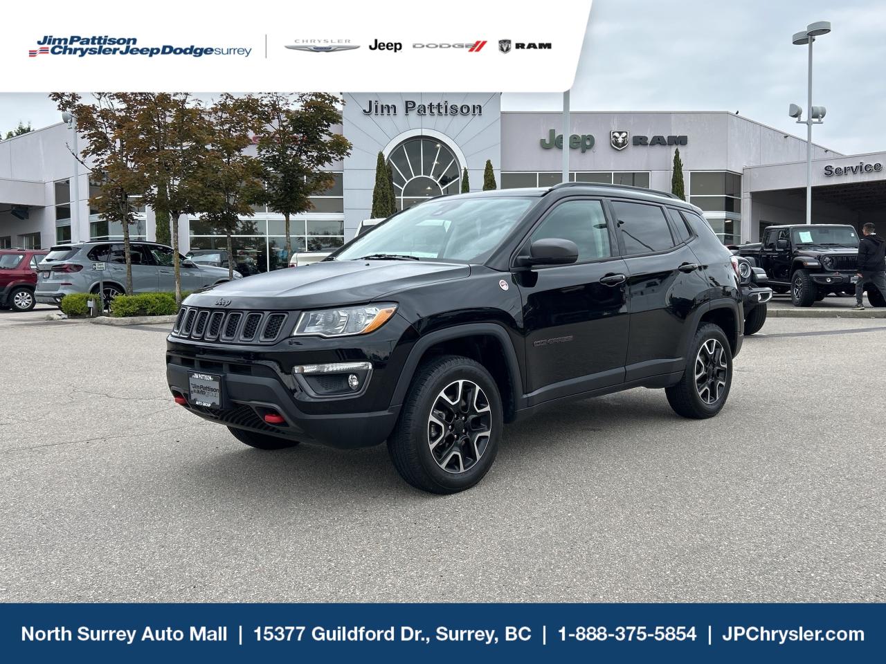 2021 Jeep Compass Trailhawk  Adventure-Ready Off-Road SUV

Highlights & Features

Trailhawk Edition: Rugged off-road ready with Jeeps highest off-road trim

Engine / Powertrain: 2.4L Tigershark 4-cylinder, 177hp & 172lb-ft torque, paired with a smooth 9-speed automatic and Jeeps advanced Active Drive Low 4×4 system

OffRoad Performance: Featuring 8.4 ground clearance, off-road suspension tuning, hill descent control, and all-terrain tiresready for gravel, mud, sand, or snow

Exterior: Tough matte black hood decal, distinctive Trailhawk badging, red tow hooks, roof rails

Interior: Premium cloth/Leather-trimmed Trailhawk seats, heated front seats, heated steering wheel, dual-zone climate

Infotainment & Tech: 8.4 Uconnect touchscreen with Apple CarPlay/Android Auto, rearview camera, rear parking sensors, satellite radio ready

Advanced Safety & Convenience: Blind-spot monitoring, forward collision warning with active braking, lane departure warning

Price includes documentation fee ($899). Finance placement fee ($599) if applicable, GST and PST are additional. Call 1-877-868-1775! Financing available OAC. D#30394