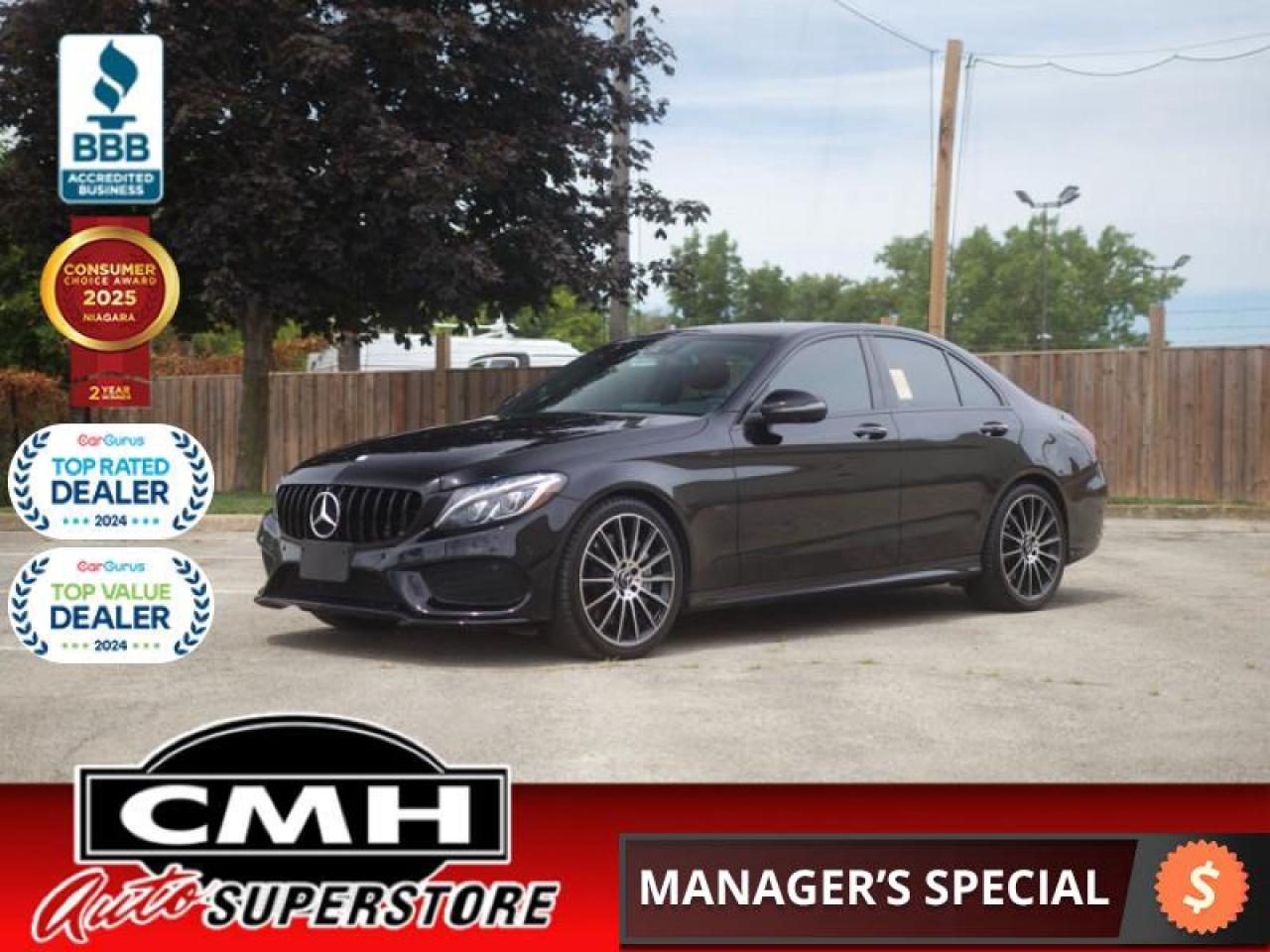 <b>ONLY 72,000 KMS !! 4MATIC !! NAVIGATION, 360 CAMERA, PARK SENSORS, BLIND SPOT, RAIN SENSING WIPERS, AUTO HIGH BEAM, BLUETOOTH, PANORAMIC SUNROOF, RED LEATHER, POWER SEATS W/MEMORY, HEATED SEATS, ADJUSTABLE SUSPENSION, ADJUSTABLE EXHAUST, POWER TRUNK</b><br>  <br>CMH certifies that all vehicles meet DOUBLE the Ministry standards for Brakes and Tires<br><br> <br>    This  2017 Mercedes-Benz C is for sale today. <br> <br>A long and sleek design provides a strong first impression for the 2017 Mercedes-Benz C-Class. Ample interior space and modern amenities enhance the refinement and comfort of the cabin for this model. Attention to detail creates a luxury ride you are sure to enjoy.This low mileage  sedan has just 71,000 kms. Its  black in colour  . It has an automatic transmission and is powered by a  362HP 3.0L V6 Cylinder Engine. <br> <br>To apply right now for financing use this link : <a href=https://www.cmhniagara.com/financing/ target=_blank>https://www.cmhniagara.com/financing/</a><br><br> <br/><br>Trade-ins are welcome! Financing available OAC ! Price INCLUDES a valid safety certificate! Price INCLUDES a 60-day limited warranty on all vehicles except classic or vintage cars. CMH is a Full Disclosure dealer with no hidden fees. We are a family-owned and operated business for over 30 years! o~o