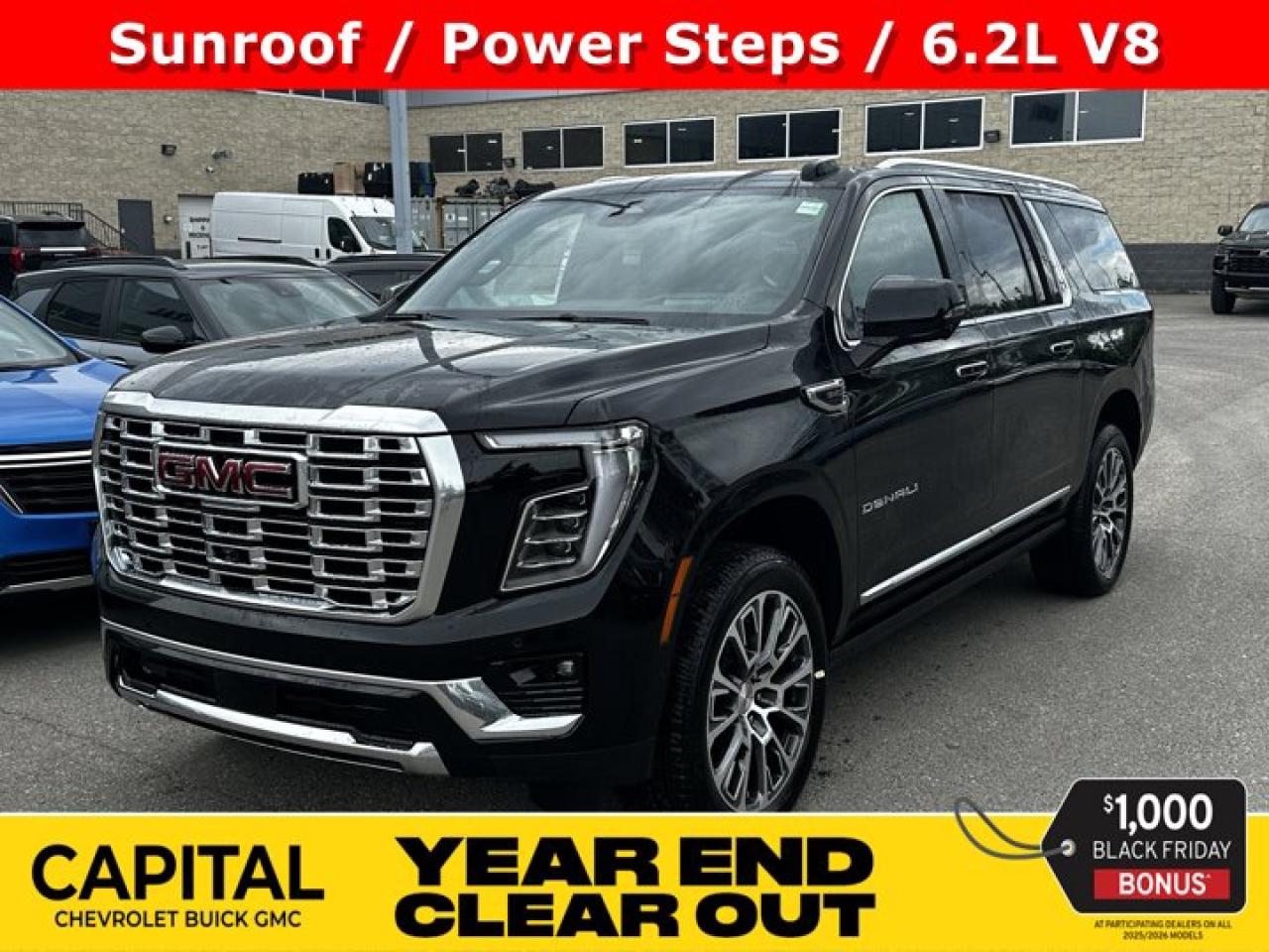 This GMC Yukon XL boasts a Gas V8 6.2L/ engine powering this Automatic transmission. ENGINE, 6.2L ECOTEC3 V8 with Dynamic Fuel Management, Direct Injection and Variable Valve Timing, includes aluminum block construction (420 hp [313 kW] @ 5600 rpm, 460 lb-ft of torque [624 Nm] @ 4100 rpm) (STD), Wireless Phone Charging, for portable devices, Wireless Apple CarPlay/Wireless Android Auto.* This GMC Yukon XL Features the Following Options *Wipers, front intermittent, Rainsense, Wiper, rear intermittent, Windows, power, rear with Express-Down, Window, power with front passenger Express-Up/Down, Window, power with driver Express-Up/Down, Wi-Fi Hotspot capable (Terms and limitations apply. See onstar.ca or dealer for details.), Wheels, 20 x 9 (50.8 cm x 22.9 cm) 6-spoke multi-dimensional polished aluminum, Wheel, full-size spare, 17 (43.2 cm) steel, Warning tones headlamp on, driver and right-front passenger seat belt unfasten and turn signal on, Visors, driver and front passenger illuminated vanity mirrors.* Stop By Today *Come in for a quick visit at Capital Chevrolet Buick GMC Inc., 13103 Lake Fraser Drive SE, Calgary, AB T2J 3H5 to claim your GMC Yukon XL!