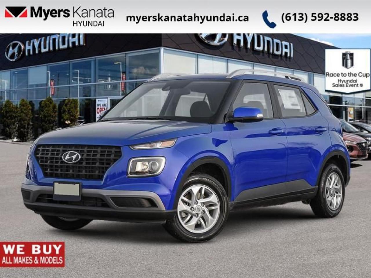 <b>Heated Seats,  Heated Steering Wheel,  Apple CarPlay,  Android Auto,  Remote Start!</b><br> <br> <br> <br>  From the first step inside the 2025 Hyundai Venue youll enjoy the features that make the cabin space your favourite place to be. <br> <br>With an amazing, urban sized footprint, plus a massive amount of cargo space, this 2025 Venue can do it all. Whether you need a grocery getter, kid hauler, or an errand runner, this 2025 Venue is ready to turn everything into an adventure. This modern Venue has a bold yet sophisticated SUV profile that radiates road presence and allows you to express your unique sense of style. <br> <br> This intense blu SUV  has an automatic transmission.<br> <br> Our Venues trim level is Preferred IVT. This Venue Preferred steps it up with blind spot detection, remote engine start, roof rack rails, and a heated steering wheel, along with heated front seats, 60-40 folding rear seats, remote keyless entry, power heated side mirrors, automatic high beams, front and rear cupholders, and an 8-inch touchscreen with wireless Apple CarPlay and Android Auto. Safety features include lane keeping assist, lane departure warning, forward collision avoidance, driver monitoring alert, and a rear view camera. This vehicle has been upgraded with the following features: Heated Seats,  Heated Steering Wheel,  Apple Carplay,  Android Auto,  Remote Start,  Blind Spot Detection,  Lane Keep Assist. <br><br> <br>To apply right now for financing use this link : <a href=https://www.myerskanatahyundai.com/finance/ target=_blank>https://www.myerskanatahyundai.com/finance/</a><br><br> <br/>    This vehicle may qualify for $500 Military Program Bonus. Eligible customers may qualify for the Hyundai 0.50% Loyalty Finance Rate Reduction - certain restrictions may apply. 6.29% financing for 96 months. <br> Buy this vehicle now for the lowest weekly payment of <b>$95.03</b> with $0 down for 96 months @ 6.29% APR O.A.C. ( Plus applicable taxes -  $2596 and licensing fees    ).  Incentives expire 2025-06-30.  See dealer for details. <br> <br>This vehicle is located at Myers Kanata Hyundai 400-2500 Palladium Dr Kanata, Ontario. <br><br> Come by and check out our fleet of 20+ used cars and trucks and 80+ new cars and trucks for sale in Kanata.  o~o