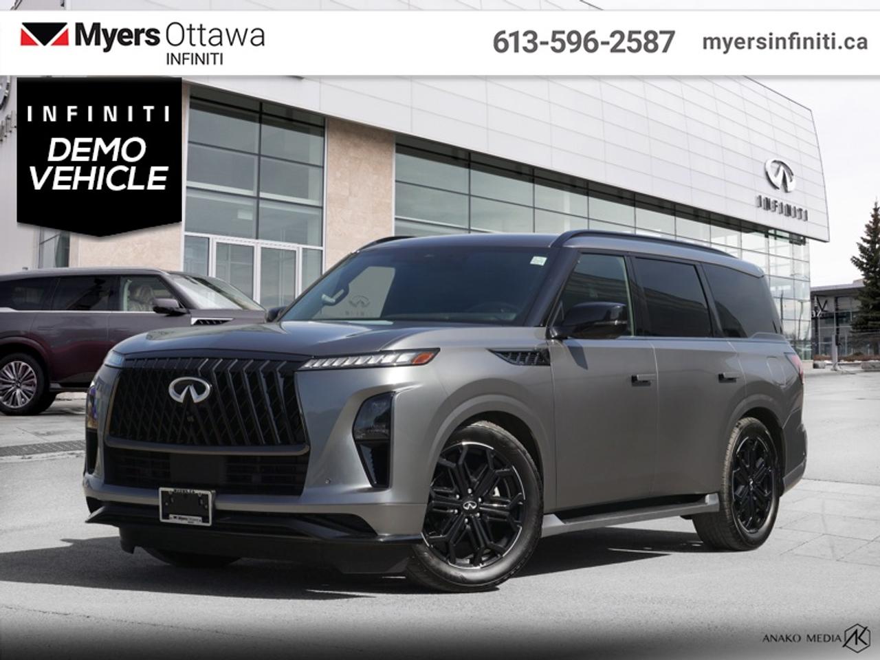 <b>Low Mileage!</b><br> <br>  Compare at $123273 - Our Price is just $103423! <br> <br>The 2026 INFINITI QX80 delivers full-size luxury presence, commanding design and versatile comfort for modern families. The 2026 INFINITI QX80 stands out with its bold exterior lines, expressive lighting and upscale character that elevate every arrival. The 2026 INFINITI QX80 features advanced driver-assist systems and intuitive connectivity engineered to support your journey with confidence. The 2026 INFINITI QX80 adapts seamlessly from daily routines to grand road trips thanks to its spacious seating and refined build. The 2026 INFINITI QX80 blends premium craftsmanship, thoughtful innovation and decisive style into one compelling luxury SUV package. This 2026 INFINITI QX80 is for sale today in Ottawa.<br> <br>From the outside, the 2026 QX80 presents a commanding silhouette with strong proportions, refined surface detailing and striking lighting that reflect its luxury-SUV identity. Inside, the cabin offers premium materials, sophisticated technology and generous three-row seating crafted to support both driver and passengers in refined comfort. With its smart architecture, upscale features and INFINITIs dedication to crafting memorable experiences, the QX80 delivers a driving experience that is both impressive and versatile.<br> <br>This low mileage SUV has just 9,269 km. Its Dynamic Metal in colour. It has an Automatic transmission and is powered by a 450HP 3.5L V6 Cylinder Engine. <br> <br> Our QX80s trim level is SPORT.<br> <br>To apply right now for financing use this link: <a href=https://www.myersinfiniti.ca/finance/ target=_blank>https://www.myersinfiniti.ca/finance/</a><br> <br/><br>*LIFETIME ENGINE TRANSMISSION WARRANTY NOT AVAILABLE ON VEHICLES WITH KMS EXCEEDING 140,000KM, VEHICLES 8 YEARS & OLDER, OR HIGHLINE BRAND VEHICLE(eg. BMW, INFINITI. CADILLAC, LEXUS...)<br> Come by and check out our fleet of 50+ used cars and trucks and 60+ new cars and trucks for sale in Ottawa.  o~o