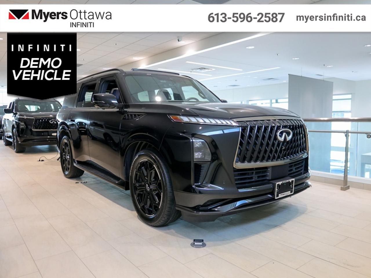 <b>Low Mileage!</b><br> <br>  Compare at $122523 - Our Price is just $106023! <br> <br>The 2026 INFINITI QX80 delivers full-size luxury presence, commanding design and versatile comfort for modern families. The 2026 INFINITI QX80 stands out with its bold exterior lines, expressive lighting and upscale character that elevate every arrival. The 2026 INFINITI QX80 features advanced driver-assist systems and intuitive connectivity engineered to support your journey with confidence. The 2026 INFINITI QX80 adapts seamlessly from daily routines to grand road trips thanks to its spacious seating and refined build. The 2026 INFINITI QX80 blends premium craftsmanship, thoughtful innovation and decisive style into one compelling luxury SUV package. This 2026 INFINITI QX80 is for sale today in Ottawa.<br> <br>From the outside, the 2026 QX80 presents a commanding silhouette with strong proportions, refined surface detailing and striking lighting that reflect its luxury-SUV identity. Inside, the cabin offers premium materials, sophisticated technology and generous three-row seating crafted to support both driver and passengers in refined comfort. With its smart architecture, upscale features and INFINITIs dedication to crafting memorable experiences, the QX80 delivers a driving experience that is both impressive and versatile.<br> <br>This low mileage SUV has just 604 km. Its Mineral Blk Prl in colour. It has an Automatic transmission and is powered by a 450HP 3.5L V6 Cylinder Engine. <br> <br> Our QX80s trim level is SPORT.<br> <br>To apply right now for financing use this link: <a href=https://www.myersinfiniti.ca/finance/ target=_blank>https://www.myersinfiniti.ca/finance/</a><br> <br/><br>*LIFETIME ENGINE TRANSMISSION WARRANTY NOT AVAILABLE ON VEHICLES WITH KMS EXCEEDING 140,000KM, VEHICLES 8 YEARS & OLDER, OR HIGHLINE BRAND VEHICLE(eg. BMW, INFINITI. CADILLAC, LEXUS...)<br> Come by and check out our fleet of 40+ used cars and trucks and 60+ new cars and trucks for sale in Ottawa.  o~o