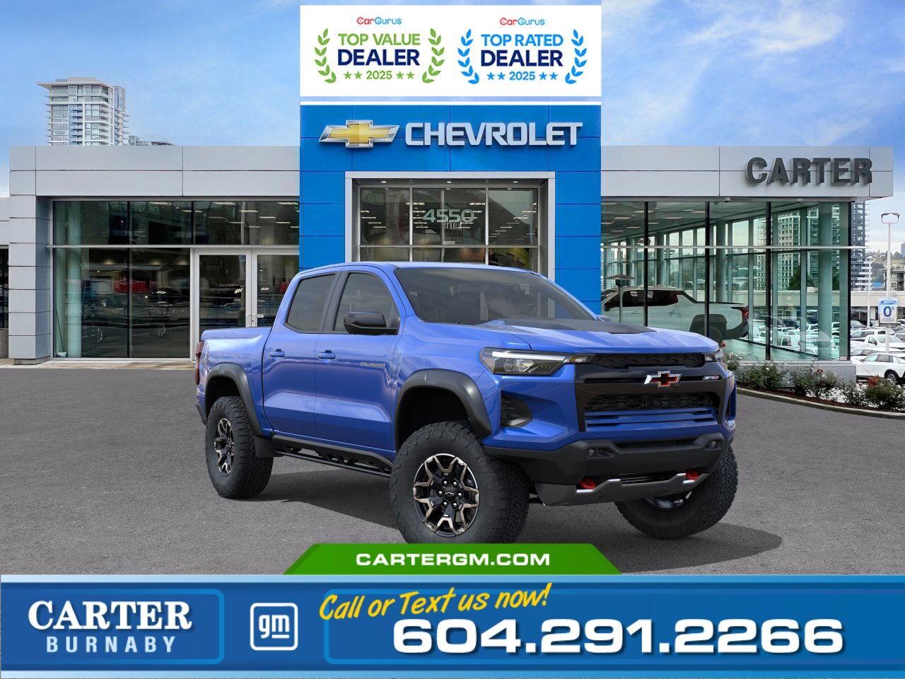 Conquer every trail in the 2025 Chevrolet Colorado ZR2 Preferred Equipment, powered by a 310 hp TurboMax engine and featuring the ZR2 Off-Road Package with a 3-inch lift, Multimatic DSSV dampers, and aggressive styling. Enjoy premium comfort with perforated leather-appointed seats, a sunroof, an 8-way power driver seat, and dual-zone climate control. Stay connected with Wi-Fi hotspot and an 11" digital display, while advanced trailering techHitch View, Trailer Brake Controller, and Trailering Appmake towing effortless. Added features such as StowFlex Tailgate, vehicle health management, and Blind Zone Steering Assist with Trailering ensure confidence on and off-road.  Come take it for a test drive today and experience all this stylish vehicle has to offer!  WHY CARTER GM BURNABY?  - An unrivalled vehicle purchasing experience! - Exceeding our loyal customers expectations since 1963 - 4.5 Google star rating with 2,175+ customer reviews) - CarGurus Top-Rated Dealer 2025 Award - CarGurus Top Value Dealer 2025 Award - Vehicle trades welcome! Best price guaranteed! - We provide upfront pricing, zero hidden fees, and 100% transparency - Fast approvals and 99% acceptance rates (no matter your current credit status!) - Multilingual staff (many languages spoken) - Comfortable non-pressured environment with in-store television, WIFI and a childrens play area! - In-store restaurant: fresh daily menu        Were here to help you drive the vehicle you want, the vehicle you deserve! QUESTIONS? GREAT! WEVE GOT ANSWERS! To speak with a friendly vehicle specialist - CALL NOW! (Doc. Fee: $495.00 Dealer Code: D5505)