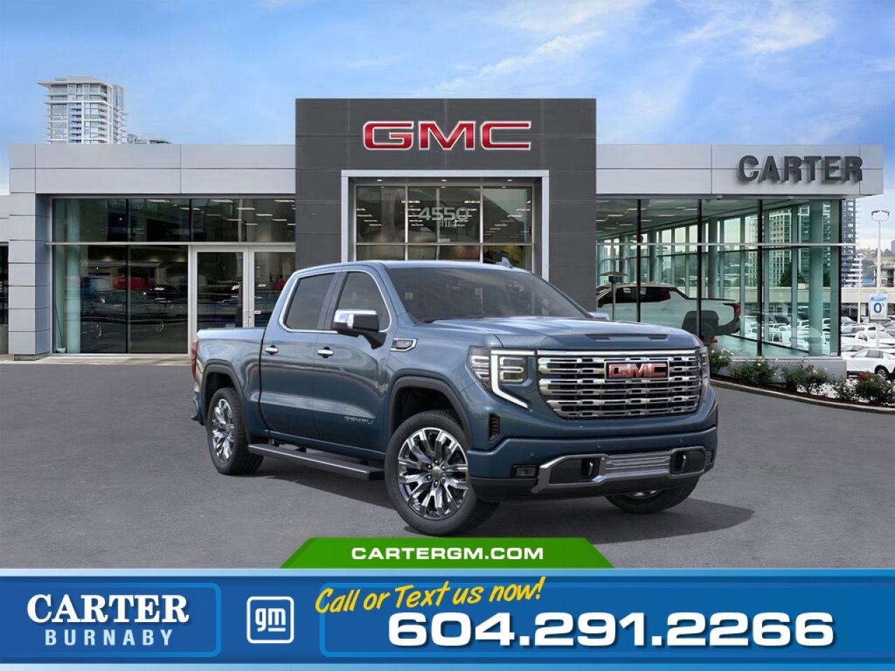WAS $100,764, NOW $78,985 Experience luxury and power with the 2024 GMC Sierra 1500 Denali, equipped with a robust 6.2L EcoTec3 V8 engine and Denali Premium Suspension for a smooth, commanding ride, and a Trailering Package, In-Vehicle Trailering App, Hitch View, and Bed View Camera to make towing effortless. Enjoy premium features like heated front and rear seats, dual-zone climate control, a 13.4" GMC Premium Display, and a 12.3" Driver Information Centre. T. Additionally, you can stay connected with Wi-Fi Hotspot capability and 3 years of OnStar.  Come take it for a test drive today and experience all this stylish vehicle has to offer!  WHY CARTER GM BURNABY?  - An unrivalled vehicle purchasing experience! - Exceeding our loyal customers expectations since 1963 - 4.5 Google star rating with 2,175+ customer reviews) - CarGurus Top-Rated Dealer 2025 Award - CarGurus Top Value Dealer 2025 Award - Vehicle trades welcome! Best price guaranteed! - We provide upfront pricing, zero hidden fees, and 100% transparency - Fast approvals and 99% acceptance rates (no matter your current credit status!) - Multilingual staff (many languages spoken) - Comfortable non-pressured environment with in-store television, WIFI and a childrens play area! - In-store restaurant: fresh daily menu        Were here to help you drive the vehicle you want, the vehicle you deserve! QUESTIONS? GREAT! WEVE GOT ANSWERS! To speak with a friendly vehicle specialist - CALL NOW! (Doc. Fee: $495.00 Dealer Code: D5505)