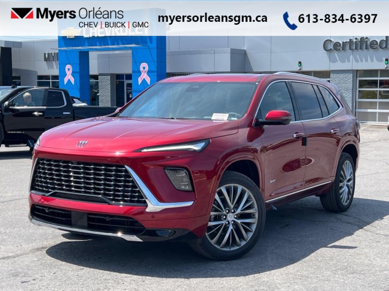 <b>Leather Seats, Super Cruise Package!</b><br> <br> <br> <br>For more than 80 years, the Myers Automotive Group has brought exceptional vehicles and world-class service to drivers in the Ottawa area. Myers Orleans Chevrolet Buick GMC is proud to serve Greater Ottawa, and to continue the tradition of excellence that the Myers name is known for. We are your trusted and professional choice since 1942!<br> <br>This 2025 Buick Enclave represents a solid value, with the features and appearance of a luxury SUV. <br> <br>Sitting atop the Buick SUV lineup, this 2025 Enclave is a stylish, family-friendly, and value-packed competitor to European luxury crossovers. With thoughtfully crafted and ergonomic seating for seven, this family-friendly SUV makes every day a little more special. This 2025 Enclave is more than your familys newest member; its a work of art.<br> <br>This Chr Red Tntct SUV has an Automatic transmission and is powered by a 328HP 2.5L 4 Cylinder Engine. <br> <br> Our Enclaves trim level is Avenir. This top-of-the-line trim rewards you with a drivers head up display unit, a panoramic sunroof, upgraded 22-inch alloy wheels and premium ride suspension. Also standard include ventilated and heated front seats with massaging function, a heated steering wheel, adaptive cruise control, remote engine start with extended range, wireless device charging, tri-zone climate control, an upgraded 16-speaker Bose Premium audio system, and an ultrawide 30-inch infotainment screen with wireless Apple CarPlay and Android Auto, and 5G mobile hotspot connectivity. Safety features also include enhanced automatic emergency braking, HD surround vision, rear parking assist, lane keep assist with lane departure warning, and blind zone alert. This vehicle has been upgraded with the following features: Leather Seats, Super Cruise Package.<br><br> <br>To apply right now for financing use this link: <a href=https://www.myersorleansgm.ca/FinancePreQualForm target=_blank>https://www.myersorleansgm.ca/FinancePreQualForm</a><br><br> <br/> Total  rebate of $1000 is reflected in the price.   Incentives expire 2026-02-02.  See dealer for details. <br> <br>At Myers Orleans Chevrolet, youll find an impressive inventory of brand-new Chevrolet, Buick, and GMC vehicles. But we dont stop there! We also offer an amazing array of gently-used cars, trucks, and SUVs from Chevrolet, as well as a selection of alternate-brand used vehicles from some of Canadas favourite auto makers. When you choose to shop with Myers, youre not limited to what you can find on our well-appointed lot. Youve got the resources of an entire automotive group at your fingertips! Our friendly, no-pressure sales team will go through your list of must-haves, and will match you with the vehicle from Myers that checks off all the right boxes.<br> Come by and check out our fleet of 20+ used cars and trucks and 240+ new cars and trucks for sale in Orleans.  o~o