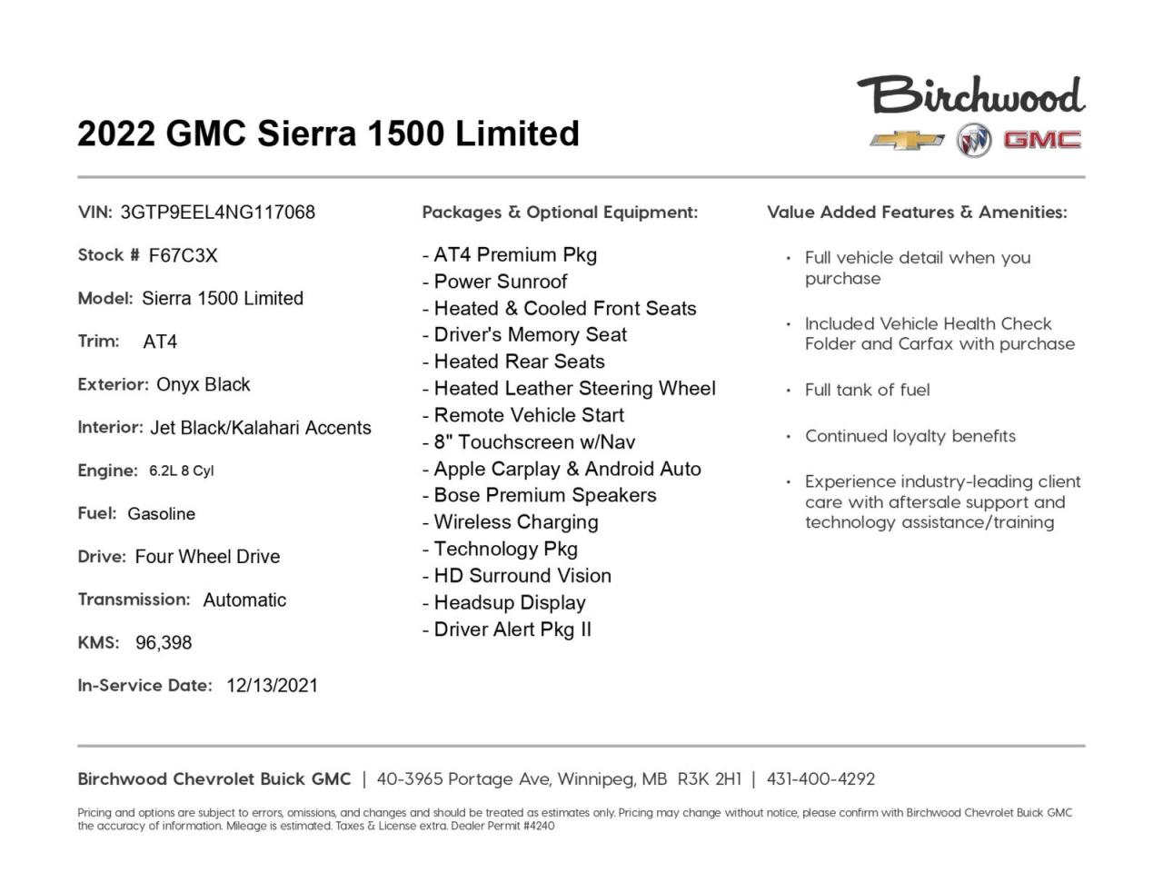 Used 2022 GMC Sierra 1500 Limited AT4 6.2L V8 | AT4 Premium & Tech Package for sale in Winnipeg, MB