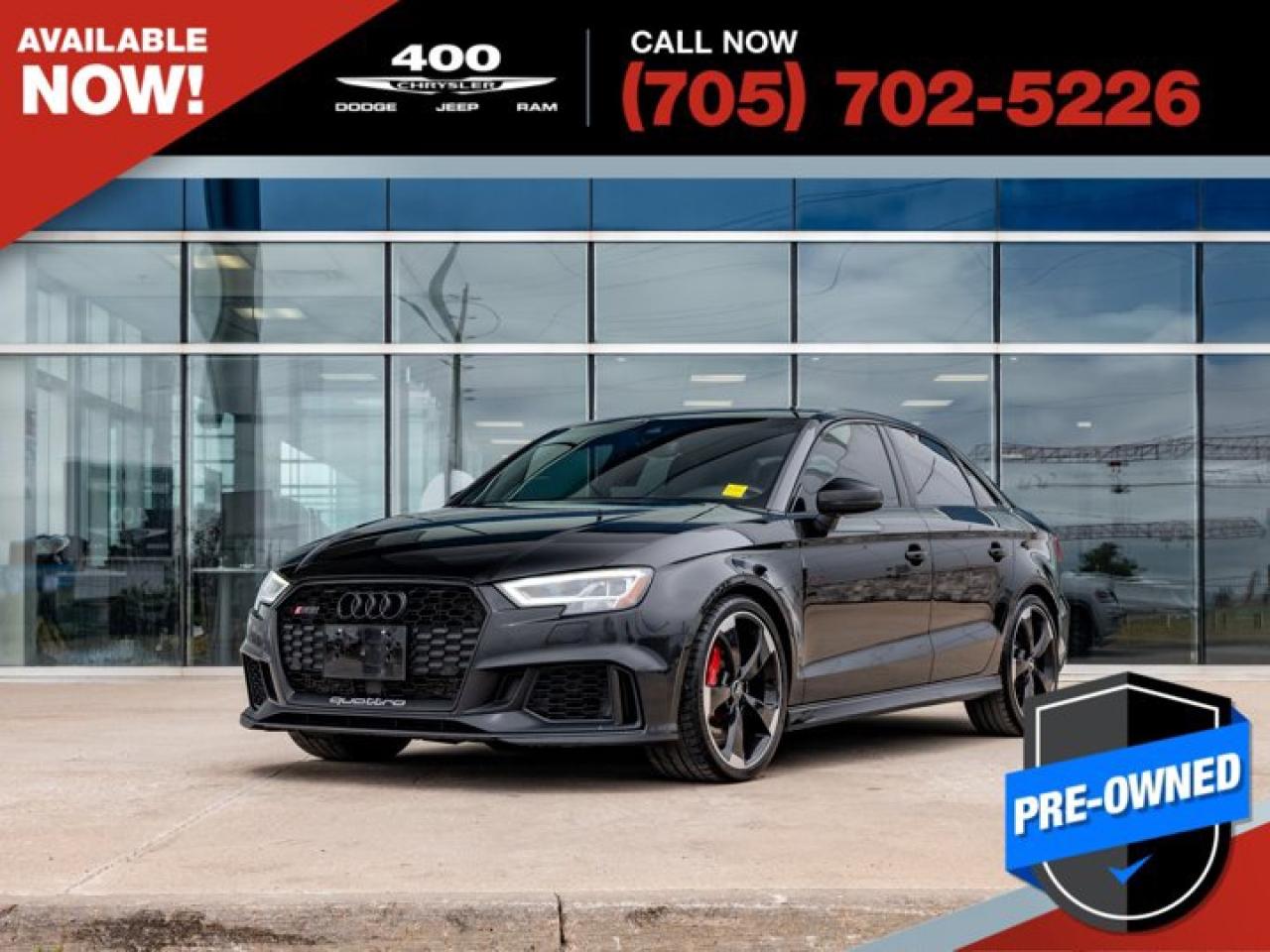 Experience pure performance and luxury with this stunning 2018 Audi RS3. Powered by a thrilling 2.5L turbocharged five-cylinder engine pushing out 400 horsepower through Audis legendary quattro all-wheel drive system, this compact sport sedan delivers blistering acceleration and confident handling in all conditions. The RS3 blends everyday comfort with track-ready performance, featuring a refined interior with leather RS sport seats, a flat-bottom steering wheel, and Audis Virtual Cockpit digital display. With aggressive styling, premium finishes, and an exhilarating exhaust note, the 2018 RS3 is the perfect fusion of sophistication and speed. Dont miss your chance to own this high-performance masterpiece.