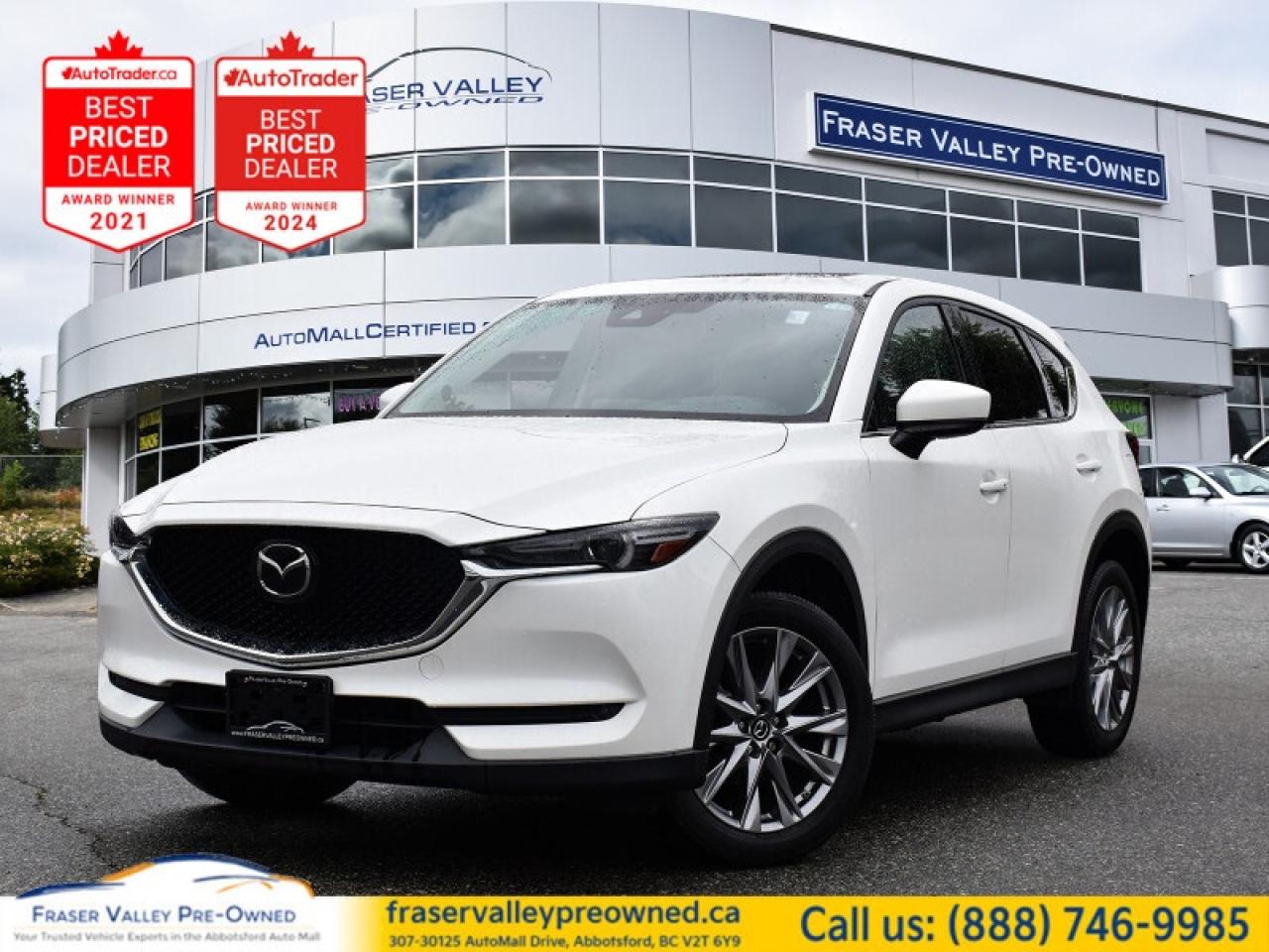 Low Mileage, Head-up Display,  Navigation,  Cooled Seats,  Sunroof,  Woodgrain Trim!
 
    The 2020 Mazda CX-5s athletic handling, precise steering, and upscale cabin are just some of the reasons why it ranks near the top of the compact SUV class. This  2020 Mazda CX-5 is fresh on our lot in Abbotsford. 
 
The 2020 CX-5 strengthens the connection between vehicle and driver. Mazda designers and engineers carefully consider every element of the vehicles makeup to ensure that the CX-5 outperforms expectations and elevates the experience of driving. Powerful and precise, yet comfortable and connected, the 2020 CX-5 is purposefully designed for drivers, no matter what the conditions might be. This low mileage  SUV has just 55,682 kms. Its  nice in colour  . It has a 6 speed automatic transmission and is powered by a  187HP 2.5L 4 Cylinder Engine.  It may have some remaining factory warranty, please check with dealer for details. 
 
 Our CX-5s trim level is GT. This GT CX-5 has just about everything you could imagine with a power moonroof, navigation, head-up display, air cooled leather seats, wood and metal trim, premium Bose sound, driver seat memory settings, proximity entry, SiriusXM, adaptive front lighting, HomeLink remote system, automatic climate control, and LED lighting with fog lights. This trim also adds traffic sign recognition to the driver assistance features like stop and go adaptive cruise, full range active braking assist, pedestrian detection, forward obstruction warning, lane keep assist with departure warning, and high beam control help make every drive more safe and less fatiguing. For even more comfort, you get heated seats, heated steering wheel, power liftgate, advanced blind spot monitoring, 7 inch Mazda Connect enabled touchscreen, Apple CarPlay and Android Auto. This vehicle has been upgraded with the following features: Head-up Display,  Navigation,  Cooled Seats,  Sunroof,  Woodgrain Trim,  Leather Seats,  Memory Seats. 
 
To apply right now for financing use this link : https://www.fraservalleypreowned.ca/abbotsford-car-loan-application-british-columbia
 
 

| Our Quality Guarantee: We maintain the highest standard of quality that is required for a Pre-Owned Dealership to operate in an Auto Mall. We provide an independent 360-degree inspection report through licensed 3rd Party mechanic shops. Thus, our customers can rest assured each vehicle will be a reliable, and responsible purchase.  |  Purchase Disclaimer: Your selected vehicle may have a differing finance and cash prices. When viewing our vehicles on third party  marketplaces, please click over to our website to verify the correct price for the vehicle. The Sale Price on third party websites will always reflect the Finance Price of our vehicles. If you are making a Cash Purchase, please refer to our website for the Cash Price of the vehicle.  | All prices are subject to and do not include, a $995 Finance Fee, and a $995 Document Fee.   These fees as well as taxes, are included in all listed listed payment quotes. Please speak with Dealer for full details and exact numbers.  o~o