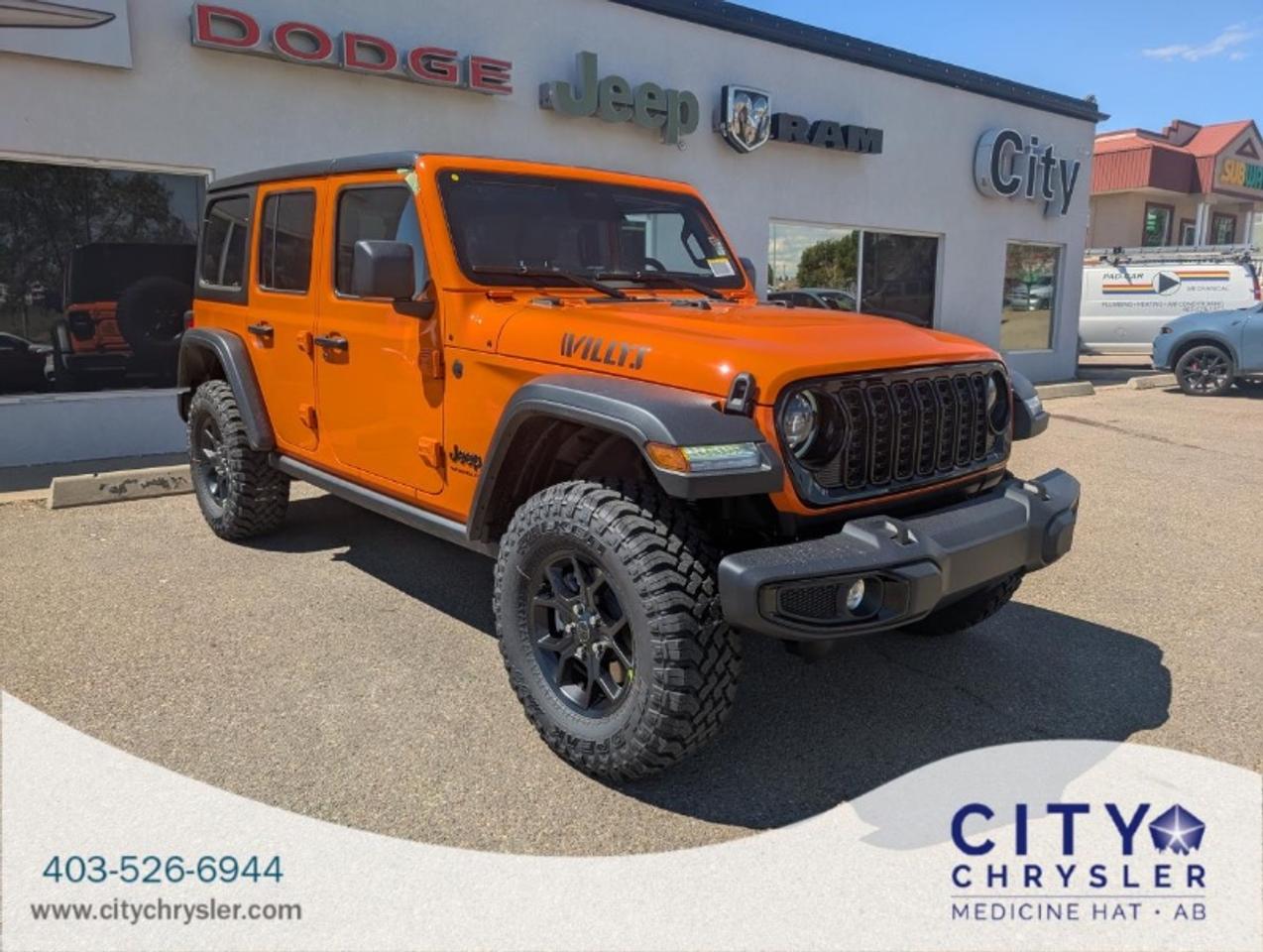 Embark on your next adventure with the rugged and iconic 2023 Jeep Wrangler 4-Door Sport. This highly capable 4x4 is presented in a striking OCBP (Ocean Blue?) exterior color perfectly contrasted by a functional Black interior featuring durable cloth low-back bucket seats designed to withstand any escapade while keeping you comfortable.Under the hood this Wrangler is powered by the efficient 2.0L DOHC I-4 turbocharged engine with Stop/Start providing responsive power and torque for both on-road commuting and challenging off-road trails. Its seamlessly paired with an 8speed TorqueFlite automatic transmission ensuring smooth gear changes and optimal power delivery. The optional 4.10 rear axle ratio and E-Locker rear axle further enhance its off-road prowess allowing it to conquer demanding terrain with confidence.This Wrangler Sport comes equipped with the Customer Preferred Package 22W bringing additional capability and features. The Jeep Wrangler 4-Door Sport is ready for anything featuring a manual shift-on-the-fly transfer case fuel tank skid plate shield and transmission skid plate shield. Hill Start Assist and Hill Descent Control provide added confidence on steep inclines and declines. Its robust off-road capability is underscored by Dana M210 wide HD tube front axle and conventional front differential.Inside the cabin offers a blend of rugged simplicity and modern convenience. The Uconnect 5 with 12.3inch display is your command center offering seamless integration with Google Android Auto and Apple CarPlay capable. Stay connected on the go with a 4G LTE WiFi hot spot. Comfort features include dual-zone A/C with automatic temperature control front heated seats and a heated steering wheel ensuring comfort in varying climates. The 7inch in-cluster colour display provides essential vehicle information at a glance.Safety features include Advanced multistage front air bags ParkView Rear Back-Up Camera and Advanced Brake Assist. The Forward Collision Warning Plus with Active Braking provides an extra layer of security. Practical exterior features like LED reflector headlamps LED fog lamps LED taillamps and Deep-tint sunscreen windows enhance visibility and privacy. The Molded-in-colour bumper with Gloss Black accents and Gloss Black Jeep badge contribute to its distinctive appearance. The Sun Visors with illuminated vanity mirrors add a touch of convenience.Serving Medicine Hat Alberta and nearby communities like Taber Lethbridge Brooks and Maple Creek Saskatchewan we uphold a legacy of excellence in every vehicle we sell. Our dealership sets the standard for Jeep Dodge Ram and Chrysler providing exceptional service and a commitment you can trust.