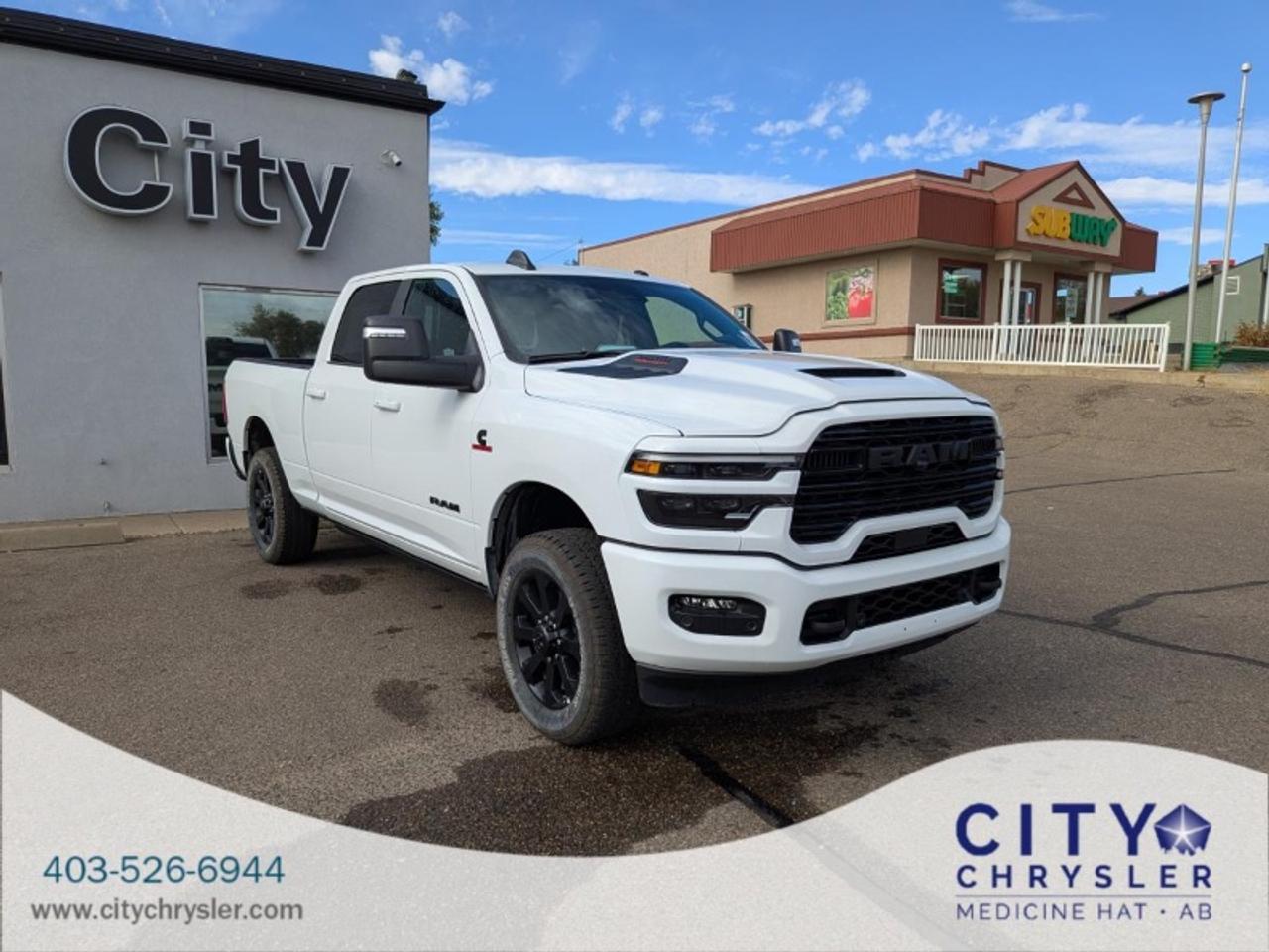 Introducing the formidable 2025 RAM 3500 Laramie Crew Cab Night Edition 4x4 a truly exceptional heavy-duty pickup that masterfully blends robust capability with unparalleled luxury and a commanding dark aesthetic. Presented in a sleek Bright White exterior with a bold Black interior featuring premium leather-faced bucket seats this truck makes a powerful statement wherever it goes.At its core this Laramie is powered by the legendary 6.7L Cummins i6 HO turbocharged diesel engine delivering immense power and unwavering reliability for the most demanding tasks. This formidable engine is seamlessly paired with an 8speed TorqueFlite HD automatic transmission ensuring smooth responsive shifts and optimal power delivery. The 3.42 axle ratio further enhances its towing and hauling prowess making it a supreme workhorse ready for anything.This RAM 3500 truly stands out with the exclusive Night Edition package giving it an aggressive monochromatic look. Its further enhanced by the Laramie Level 2 Equipment Group which elevates the luxury and technology to new heights. Enjoy a cutting-edge experience with the Uconnect 5 NAV system featuring a massive 12inch display offering integrated GPS navigation Google Android Auto and Apple CarPlay capable. The 17-speaker harman/kardon premium sound system delivers an immersive audio experience complemented by a dual wireless charging pad to keep your devices powered.Comfort is paramount with power 8-way adjustable driver and front passenger seats equipped with power 2-way driver lumbar adjust. Experience personalized comfort with heated and ventilated front seats a heated steering wheel and A/C with dualzone automatic temperature control. Additional luxuries include rain-sensing windshield wipers power adjustable pedals with memory remote tailgate release and a power 2-way adjustable passenger seat.Designed for serious work and adventure this truck includes the 5th Wheel &amp Gooseneck Towing Prep Group making it factory-ready for your heaviest trailers. Practical features like a Mopar sprayin bedliner and Mopar deployable bed step add to its utility. Driving confidence is boosted by the rear autolevelling air suspension providing a consistently smooth ride regardless of load.Safety and driver assistance are comprehensive with FullSpeed Forward Collision Warning Plus Pedestrian/Cyclist emergency braking Adaptive Cruise Control with Stop Blind-Spot and Cross-Path Detection ParkSense Front and Rear Park Assist System and ParkView Rear BackUp Camera. LED reflector headlamps LED fog lamps and automatic high-beam headlamp control ensure excellent visibility while forward and reverse utility lights enhance practicality.Serving Medicine Hat Alberta and nearby communities like Taber Lethbridge Brooks and Maple Creek Saskatchewan we uphold a legacy of excellence in every vehicle we sell. Our dealership sets the standard for Jeep Dodge Ram and Chrysler providing exceptional service and a commitment you can trust.
