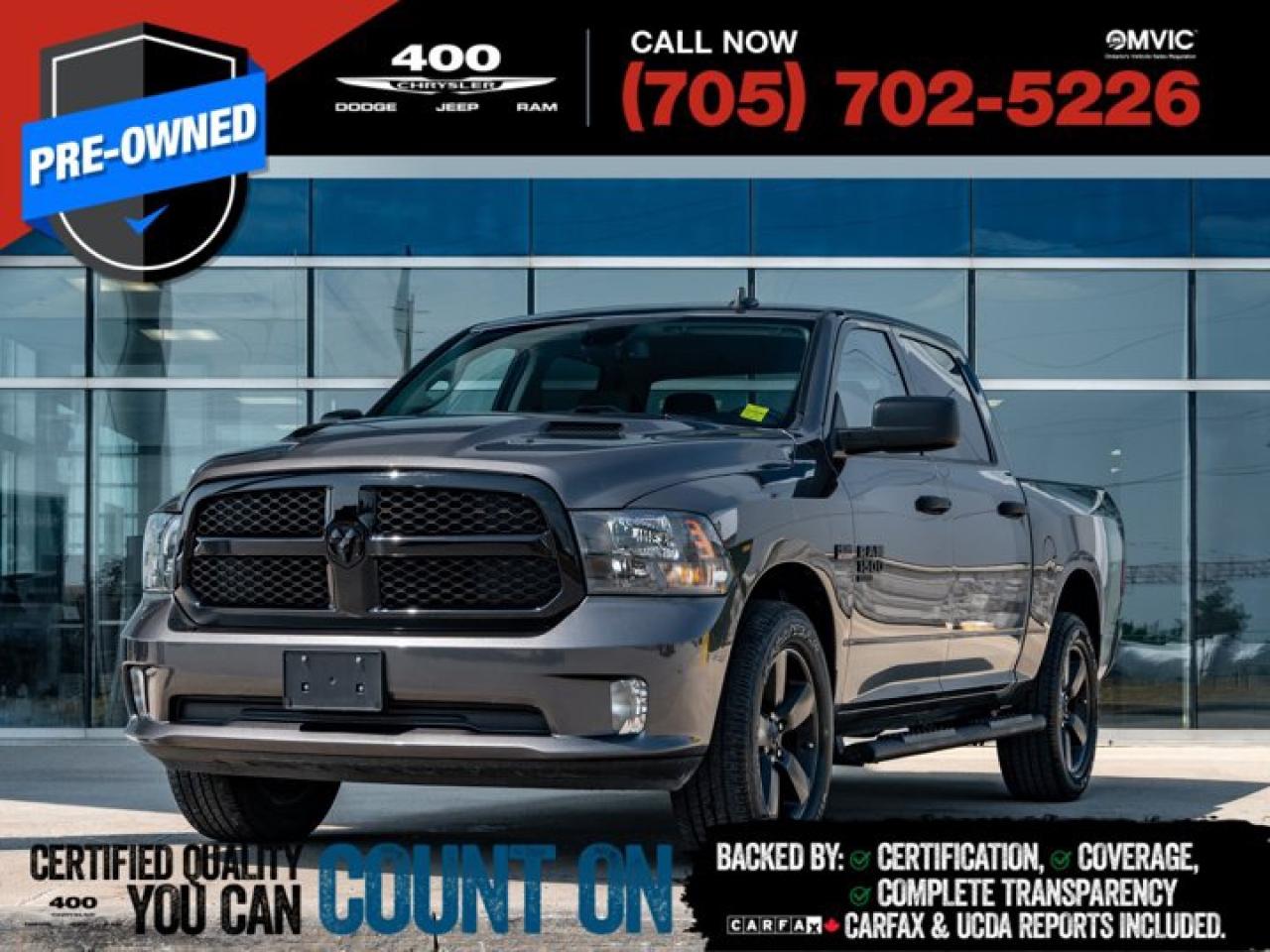 Take on any job or adventure in comfort and style with this 2021 RAM 1500 Classic Express Crew Cab 4x4, powered by the legendary 5.7L HEMI V8 for impressive power and towing capability. This truck stands out with its bold Sport Hood and comes equipped with the Sub Zero Package, giving you heated seats, a heated steering wheel, and remote start - perfect for those cold Canadian mornings. Whether youre towing or heading off the beaten path, the hitch receiver and integrated trailer brake controller ensure youre ready for the haul. With rugged capability, refined comfort, and aggressive looks, this RAM 1500 Classic is built to perform and designed to impress.
