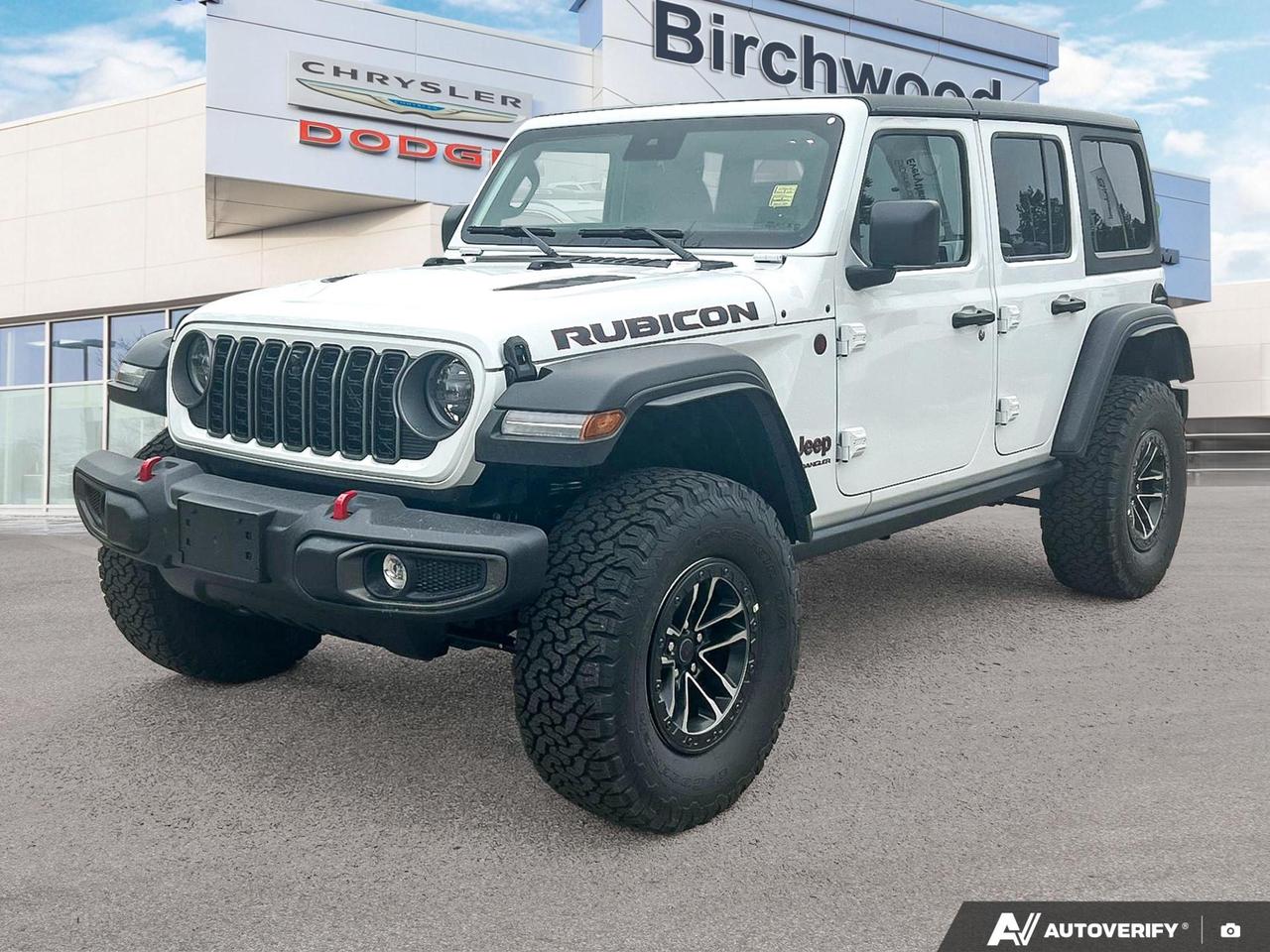 Xtreme 35inch Tire Package 
17x8in Machinedface wheels with Black pockets
Performance 4wheel antilock disc brakes
4.56 rear axle ratio 
Wheel flare extensions
35in tire suspension
LT315/70R17C 113/110S tires
Mopar hingegate reinforcement
Convenience Group 
Heated steering wheel
Universal garage door opener
Front heated seats
Remote start system
Technology Group
Connected travel & traffic services
Uconnect 5 NAV w/12.3inch display
Handsfree phone communication
Experience the pinnacle of off-road capability with the all-new 2025 Jeep Wrangler Rubicon X! This cutting-edge SUV combines rugged performance with modern luxury, perfect for adventure enthusiasts and daily drivers alike.

Key Features:
- Powerful 3.6L Pentastar VVT V6 engine with ESS for optimal performance
- Advanced 4WD system with driver-selectable front and rear locking differentials
- Uconnect 5 Nav system with massive 12.3 display for seamless connectivity
- 4G LTE Wi-Fi hotspot to stay connected on any terrain
- Adaptive cruise control for enhanced comfort on long journeys
- Premium LED headlamps with auto on/off feature
- Rugged 17 black machined-face wheels with all-terrain tires

Dont miss your chance to own this exceptional Jeep Wrangler Rubicon X. Reserve yours today, start the purchase process online, or contact us to schedule a test drive and experience the thrill firsthand. Our team is ready to answer any questions and help you embark on your next great adventure!
Birchwood Chrysler Dodge is your choice for New Chrysler, Dodge, Jeep, RAM vehicles in Winnipeg. 
 
With us, Experience is Everything. Complete as much or as little of your purchase online as you like. All pricing you see is what you pay. No hidden fees. All new vehicle special offers and discounts are already calculated in the pricing. On our website you can choose payment options and terms knowing these are transparent and accurate.

Start your purchase online to build your exact pricing to your specifics like how much money down, vehicle trade and any accessories or added optional protection that suits your needs.

Any questions let us know by calling (204) 774-4444, wed love to send you a video to clarify any questions about a vehicle!

Visit us in store at 90-3965 Portage Ave in the Birchwood Autopark.

Dealer permit #5686
Dealer permit #5686