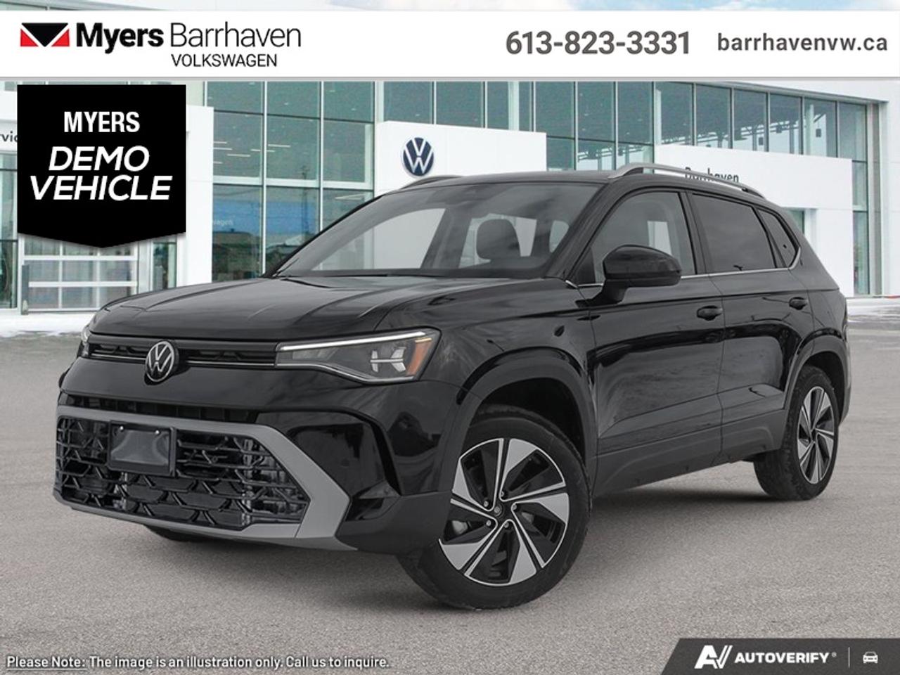 <b>Low Mileage, Cooled Seats,  Navigation,  Sunroof,  Parking Sensors,  Wireless Charing!</b><br> <br> The 2026 Volkswagen Taos combines intelligent innovation, practical utility and contemporary design into a compelling compact SUV offering.<br> <br>From the outside, the 2026 Taos presents sleek body lines, a refreshed front fascia and modern lighting that reflect a confident, urban-ready look. Inside, the cabin features intuitive connectivity, quality materials and seating designed to comfortably accommodate both driver and passengers. With its thoughtful flexibility, smart features and Volkswagens commitment to reliability, the Taos offers a compelling choice for those seeking compact SUV versatility.<br> <br>This Deep Black Pearl SUV has an Automatic transmission and is powered by a 1.5L I4 16V GDI DOHC Turbo engine. Motivated by that spritely motor it gets 9.4 L/100 km in the city and uses just 7.2 L/100 km out on the highway according to Transport Canada. <br> <br> Our Taoss trim level is Highline. This trim rewards you with inbuilt navigation, a dual panel sunroof, front and rear parking sensors, wireless device charging, remote engine start, ventilated and heated front seats, a heated steering wheel, adaptive cruise control, and an 8-inch infotainment screen with Apple CarPlay and Android Auto. Safety features also include lane keep assist with lane departure warning, collision mitigation, blind spot alert, and autonomous emergency braking. This vehicle has been upgraded with the following features: Cooled Seats, Navigation, Sunroof, Parking Sensors, Wireless Charing, Remote Start, Leather Seats. This is a demonstrator vehicle driven by a member of our staff and has just 8404 km.<br><br> <br>To apply right now for financing use this link: <a href=https://www.barrhavenvw.ca/financing-request/ target=_blank>https://www.barrhavenvw.ca/financing-request/</a><br> <br/>Cash Purchase Incentive 0% financing for 24 months. 2.99% financing for 84 months. <br> Buy this vehicle now for the lowest bi-weekly payment of <b>$269.00</b> with $0 down for 84 months @ 2.99% APR O.A.C. ( Plus applicable taxes - $840 Doc fee. Cash purchase selling price includes: Tire Stewardship ($20.00), OMVIC Fee ($12.50). (HST) are extra. (HST), licence, insurance & registration not included. **Rebates may not apply to all purchase types. Conditions varysee dealer for details. ). Incentives expire 2026-08-31. See dealer for details. <br> <br> <br>LEASING:<br><br>Estimated Lease Payment: $240 bi-weekly <br>Payment based on 4.49% lease financing for 60 months with $0 down payment on approved credit. Total obligation $31,255. Mileage allowance of 16,000 KM/year. Offer expires 2026-08-31.<br><br><br>We are your premier Volkswagen dealership in the region. If youre looking for a new Volkswagen or a car, check out Barrhaven Volkswagens new, pre-owned, and certified pre-owned Volkswagen inventories. We have the complete lineup of new Volkswagen vehicles in stock like the GTI, Golf R, Jetta, Tiguan, Atlas Cross Sport, Volkswagen ID.4 electric vehicle, and Atlas. If you cant find the Volkswagen model youre looking for in the colour that you want, feel free to contact us and well be happy to find it for you. If youre in the market for pre-owned cars, make sure you check out our inventory. If you see a car that you like, contact 844-914-4805 to schedule a test drive.<br> Come by and check out our fleet of 30+ used cars and trucks and 110+ new cars and trucks for sale in Nepean.  o~o