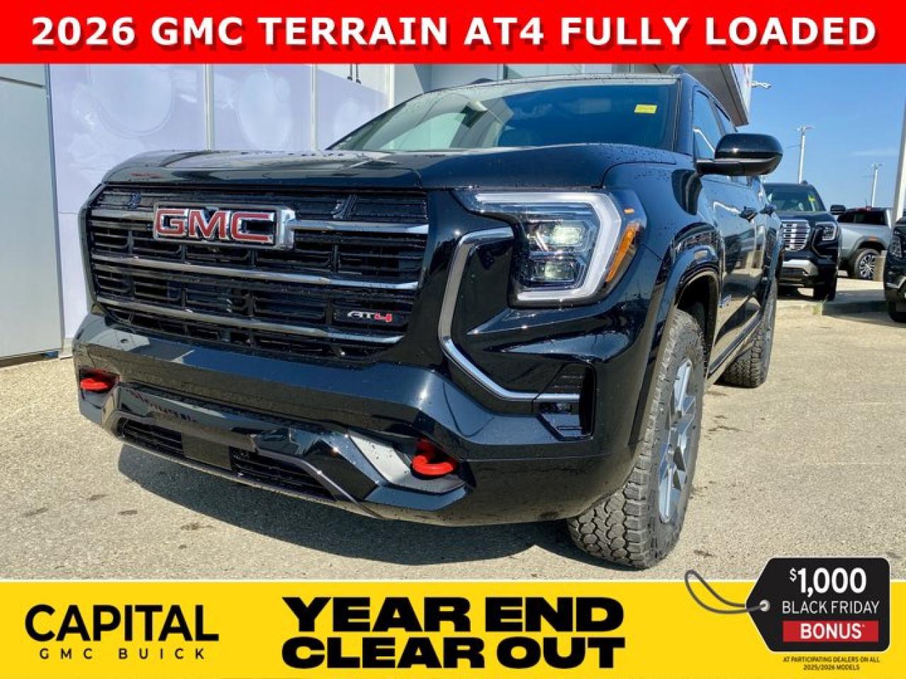 Take a look at the NEW 2026 GMC Terrain AT4... Fully equipped with all the options like Convenience Package III, Technology Package II, Heated and Cooled Seats, Heated Steering, Heated Rear Seats, Rear Streaming Camera Mirror, 360 CAM, Heated Wiper Park, Wireless Charger, Trailering Package and so much more... Dont wait CALL NOWAsk for the Internet Department for more information or book your test drive today! Text 825-445-0521 for fast answers at your fingertips!AMVIC Licensed Dealer - Licence Number B1044900Disclaimer: All prices are plus taxes and include all cash credits and loyalties. See dealer for details. AMVIC Licensed Dealer # B1044900