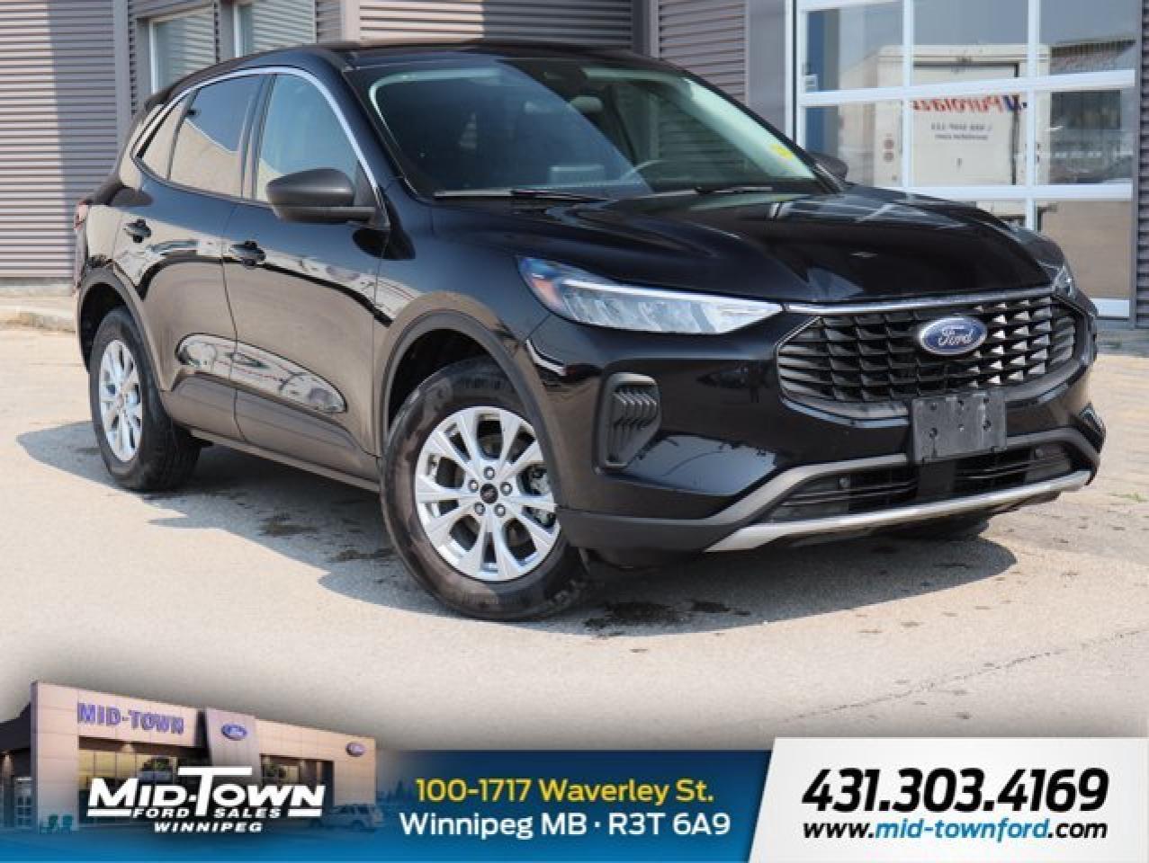 Recent Arrival!<br /><br />| One Owner, | Local Trade, | Non Smoker, | Apple Carplay, | Android Auto, AWD, 3.81 Axle Ratio, 4-Way Manual Passenger Seat, 4-Wheel Disc Brakes, 6 Speakers, 8-Way Power Driver Seat, ABS brakes, Air Conditioning, Alloy wheels, AM/FM radio: SiriusXM, Auto High-beam Headlights, Automatic temperature control, Brake assist, Bumpers: body-colour, Cold Weather Package, Compass, Delay-off headlights, Driver door bin, Driver vanity mirror, Dual front impact airbags, Dual front side impact airbags, Electronic Stability Control, Emergency communication system: SYNC 4 911 Assist, Equipment Group 200A, Four wheel independent suspension, Front anti-roll bar, Front Bucket Seats, Front dual zone A/C, Front reading lights, Fully automatic headlights, Heated door mirrors, Heated Front Row Seats, Heated Premium-Wrapped Steering Wheel, Heated Sideview Mirrors, Heated steering wheel, Illuminated entry, Knee airbag, Low tire pressure warning, Occupant sensing airbag, Outside temperature display, Overhead airbag, Overhead console, Panic alarm, Passenger door bin, Passenger vanity mirror, Power door mirrors, Power driver seat, Power Liftgate, Power steering, Power windows, Radio data system, Radio: AM/FM Stereo w/SiriusXM, Rear anti-roll bar, Rear reading lights, Rear window defroster, Rear window wiper, Remote keyless entry, Remote Start System, Speed control, Speed-sensing steering, Speed-Sensitive Wipers, Split folding rear seat, Spoiler, Steering wheel mounted audio controls, SYNC 4 Communications & Entertainment System, Tachometer, Telescoping steering wheel, Tilt steering wheel, Traction control, Trip computer, Unique Cloth Front Bucket Seats, Variably intermittent wipers, Wheels: 17 Shadow Silver-Painted Aluminum.<br /><br />Black 2024 Ford Escape Active LOCAL TRADE ONE OWNER AWD 1.5L EcoBoost 8-Speed Automatic<br /><br /><br />For further information please contact MidTown Ford sales department directly at 204-284-7650. Dealer #9695.