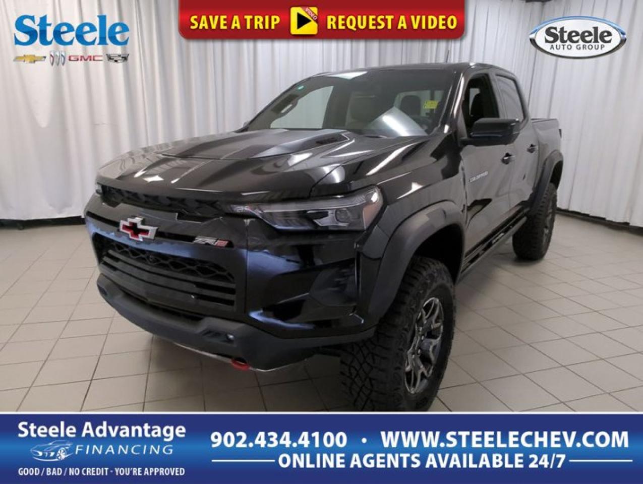Command every terrain in our 2025 Chevrolet Colorado ZR2 Crew Cab 4X4, daringly designed in Black and built for extreme off-road performance, trail domination, and relentless adventure. Powered by a 2.7L TurboMax offering 310hp to an 8 Speed Automatic transmission with multiple performance settings that include a dedicated Baja mode. This Four Wheel Drive truck also rides with driver-selectable fully locking differentials, a 3-inch lift, and DSSV Multimatic dampers for off-road action, and it returns approximately 13.8L/100km on the highway. Form follows function for our Colorado exterior, detailed by LED lighting, fog lamps, alloy wheels, off-road bumpers/fender flares, a spray-on bedliner, a sunroof, and a StowFlex tailgate. Our ZR2 cabin rewards you with heated cloth/Evotex front seats, eight-way power for the driver, a wrapped heated steering wheel, dual-zone automatic climate control, a sliding rear window, and remote start. Trail-friendly technology starts with an 11.3-inch touchscreen, an 11-inch driver display, full-color navigation, Google Built-In, wireless Android Auto®/Apple CarPlay®, WiFi compatibility, Bluetooth®, and a six-speaker audio system. Chevrolet inspires confidence with intelligent safety measures such as automatic braking, hill start assistance, hill descent control, lane-keeping assistance, forward collision warning, lane-departure alert, a rearview camera, and more. Engineered for overachievers, our Colorado ZR2 is ready to go! Save this Page and Call for Availability. We Know You Will Enjoy Your Test Drive Towards Ownership! Metros Premier Credit Specialist Team Good/Bad/New Credit? Divorce? Self-Employed?