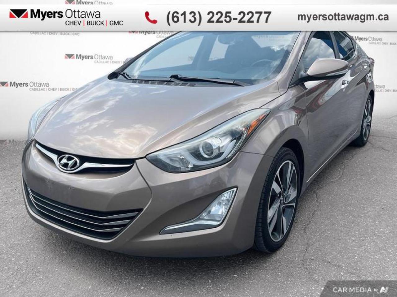 <b>CERTIFIED </b><br>   Compare at $11385 - Myers Cadillac is just $11053! <br> <br>JUST IN - 2016 HYUNDAI ELANTRA LIMITED- BRONZE ON BLACK LEATHER, SUNROOF, HEATED SEATS, HEATED STEERING WHEEL, NAV, REAR CAMERA, KEYLESS ENTRY, ALLOY WHEELS, CERTIFIED, NON SMOKER, NO ADMIN FEES<br> <br>To apply right now for financing use this link : <a href=https://creditonline.dealertrack.ca/Web/Default.aspx?Token=b35bf617-8dfe-4a3a-b6ae-b4e858efb71d&Lang=en target=_blank>https://creditonline.dealertrack.ca/Web/Default.aspx?Token=b35bf617-8dfe-4a3a-b6ae-b4e858efb71d&Lang=en</a><br><br> <br/><br>All prices include Admin fee and Etching Registration, applicable Taxes and licensing fees are extra.<br>*LIFETIME ENGINE TRANSMISSION WARRANTY NOT AVAILABLE ON VEHICLES WITH KMS EXCEEDING 140,000KM, VEHICLES 8 YEARS & OLDER, OR HIGHLINE BRAND VEHICLE(eg. BMW, INFINITI. CADILLAC, LEXUS...)<br> Come by and check out our fleet of 40+ used cars and trucks and 180+ new cars and trucks for sale in Ottawa.  o~o
