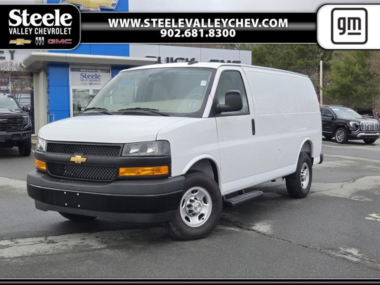 WORK VAN PREFERRED EQUIPMENT GROUP includes standard equipment, TRANSMISSION, 8-SPEED AUTOMATIC, HEAVY-DUTY, ELECTRONICALLY CONTROLLED with overdrive and tow/haul mode. Includes Cruise Grade Braking, Powertrain Grade Braking, and Tap-Up/Tap-Down Driver Shift Control, SEATING ARRANGEMENT, DRIVER AND FRONT PASSENGER HIGH-BACK BUCKETS with head restraints and vinyl or cloth trim (STD), REMOTE KEYLESS ENTRY with 2 transmitters and remote panic button, REAR AXLE, 3.42 RATIO, ENGINE, 6.6L V8 with Direct Injection and Variable Valve Timing, gasoline, (401 hp [299 kW] @ 5200 rpm, 464 lb-ft of torque [629 N-m] @ 4000 rpm) Includes external engine oil cooler., AUDIO SYSTEM, AM/FM STEREO WITH MP3 PLAYER seek-and-scan, digital clock, TheftLock, random select, auxiliary jack and 2 front door speakers (STD), ALTERNATOR, 150 AMPS, Wipers, front intermittent wet-arm with pulse washers, Windows, power (Included with (ZQ2) Power Convenience Package.). This Chevrolet Express Cargo Van has a powerful Gas V8 6.6L/ engine powering this Automatic transmission.* Experience a Fully-Loaded Chevrolet Express Cargo Van BASE *Warning tones, headlamp on and key-in-ignition, Visors, driver and front passenger, vinyl, Tow/haul mode selector, instrument panel-mounted, Tires, rear LT245/75R16E all-season, blackwall, Tires, front LT245/75R16E all-season, blackwall, Tire, spare LT245/75R16E all-season, blackwall located at rear underbody of vehicle, Tire Pressure Monitoring System (does not apply to spare tire), Theft-deterrent system, vehicle, PASS-Key III, Suspension, rear hypoid drive axle with multi-leaf springs, Suspension, front independent with coil springs and stabilizer bar, Steering, power, Steering wheel, steel sleeve column with theft-deterrent locking feature, Black, StabiliTrak, traction assistance and vehicle stability enhancement system, Rear wheel drive, Rear Vision Camera display integrated into rearview mirror (Display included with (DRJ) inside rearview mirror.), Rear axle, 3.42 ratio (Reference the Engine/Axle page for availability.), Power outlets, 2 auxiliary on engine console cover with covers, 12-volt, Power outlet, 120-volt, OnStar Basics (OnStar Fleet Basics for Fleet) Drive more confidently with up to 8 years of core OnStar services including mobile app commands, connectivity for select apps that provide in-vehicle voice assistance and navigation with real-time traffic, and Automatic Crash Response (Requires (UE1) OnStar. OnStar Basics includes access to remote commands through your vehicles mobile app (compatible smartphone required); Automatic Crash Response (not all vehicles may transmit all crash data; OnStar links to emergency services); and wireless connectivity for select apps that provide in-vehicle voice assistance and navigation with real-time traffic (Voice & Maps apps are subject to change at any time and may be provided by third parties). Term begins from date of vehicle delivery. Paid subscription required after expiry. Services are dependent on compatible wireless networks provided by third-party wireless service providers, working vehicle electrical systems, GPS signal and other factors outside GM control. Changes in technology and wireless networks may limit or prevent the operation of certain services. For customers who also separately receive or purchase a Premium Plan or Vehicle Data Plan to use Wi-Fi Hotspot and In-Vehicle Apps, the data provided as part of that plan will also be used by any Voice & Maps apps which already had data connectivity under this Basics plan; if any applicable data caps are reached, Voice & Maps apps will continue to function for the duration of this Basics plan but additional vehicle data plan(s) must be purchased to use Wi-Fi Hotspot and In-Vehicle Apps. Services, connectivity, and capabilities have additional terms and limitations and are subject to change, and will vary by model, vehicle configuration, conditions, and geographical and technical restrictions. Non-refundable and no cash value. See onstar.ca for details.), OnStar and Chevrolet connected services capable (Terms and limitations apply. See onstar.ca or dealer for details.).* Stop By Today *Test drive this must-see, must-drive, must-own beauty today at Steele Valley Chevrolet Buick GMC Cadillac, 9184 Commercial Street, New Minas, NS, NS B4N3V9.*Disclaimer*Please verify all information with a Steele Valley representative.