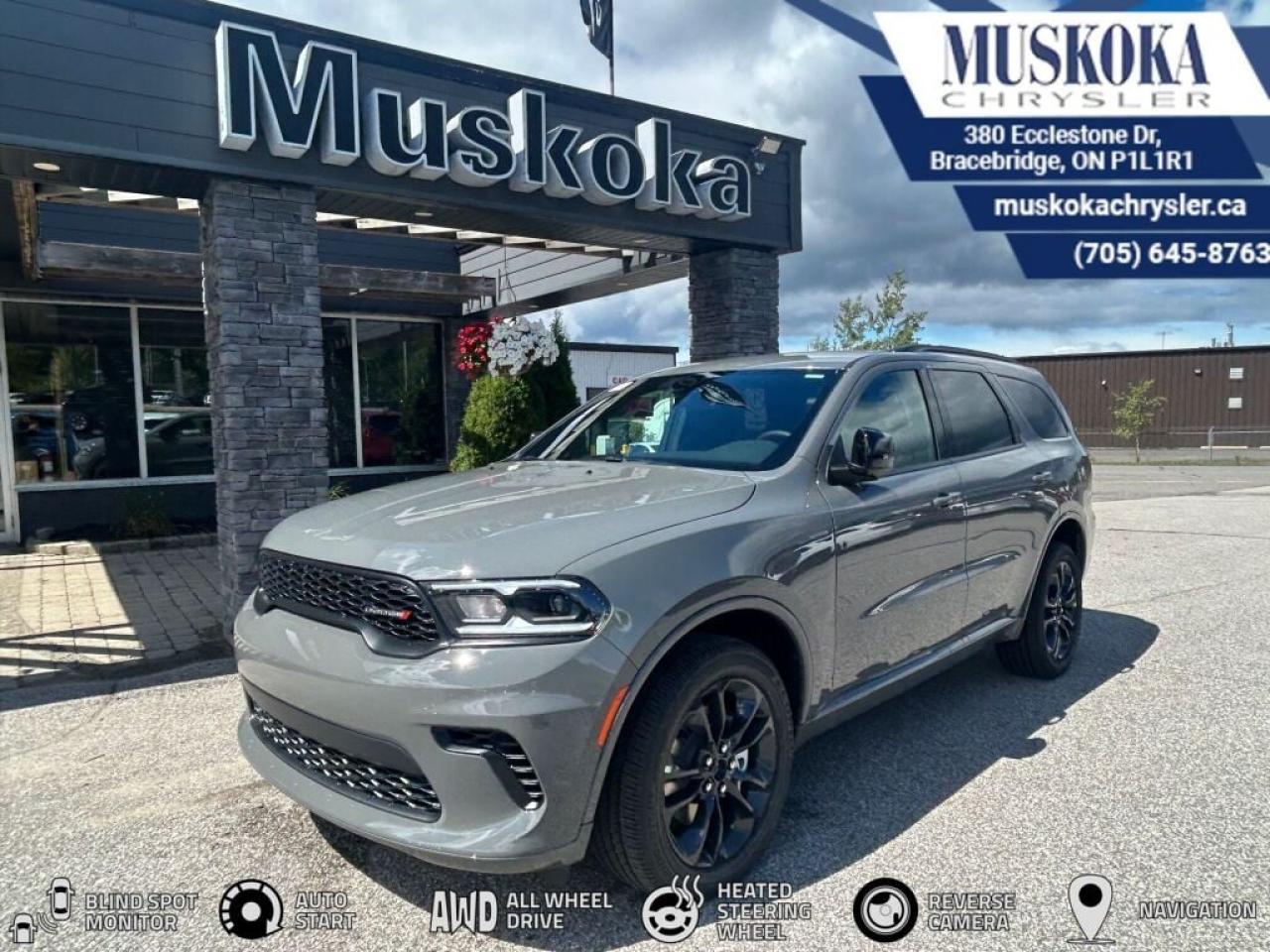 This DODGE DURANGO GT, with a 3.6L Pentastar V-6 engine engine, features a 8-speed automatic transmission, and generates 10 highway/13.5 city L/100km. Find this vehicle with only 20 kilometers!  DODGE DURANGO GT Options: This DODGE DURANGO GT offers a multitude of options. Technology options include: 2 LCD Monitors In The Front, HD Radio, MP3 Capability, Satellite Radio.  Safety options include Speed Sensitive Rain Detecting Variable Intermittent Wipers, Airbag Occupancy Sensor, Curtain 1st, 2nd And 3rd Row Airbags, Driver Knee Airbag, Dual Stage Driver And Passenger Front Airbags.  Visit Us: Find this DODGE DURANGO GT at Muskoka Chrysler today. We are conveniently located at 380 Ecclestone Dr Bracebridge ON P1L1R1. Muskoka Chrysler has been serving our local community for over 40 years. We take pride in giving back to the community while providing the best customer service. We appreciate each and opportunity we have to serve you, not as a customer but as a friend