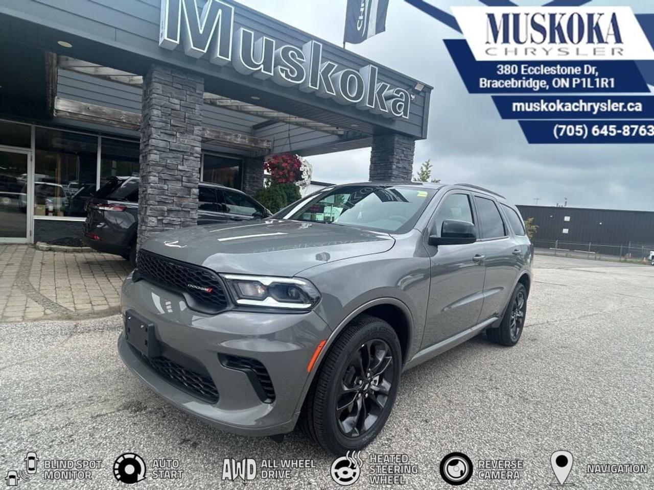 This DODGE DURANGO GT, with a 3.6L Pentastar V-6 engine engine, features a 8-speed automatic transmission, and generates 10 highway/13.5 city L/100km. Find this vehicle with only 20 kilometers!  DODGE DURANGO GT Options: This DODGE DURANGO GT offers a multitude of options. Technology options include: 2 LCD Monitors In The Front, HD Radio, MP3 Capability, Satellite Radio.  Safety options include Speed Sensitive Rain Detecting Variable Intermittent Wipers, Airbag Occupancy Sensor, Curtain 1st, 2nd And 3rd Row Airbags, Driver Knee Airbag, Dual Stage Driver And Passenger Front Airbags.  Visit Us: Find this DODGE DURANGO GT at Muskoka Chrysler today. We are conveniently located at 380 Ecclestone Dr Bracebridge ON P1L1R1. Muskoka Chrysler has been serving our local community for over 40 years. We take pride in giving back to the community while providing the best customer service. We appreciate each and opportunity we have to serve you, not as a customer but as a friend