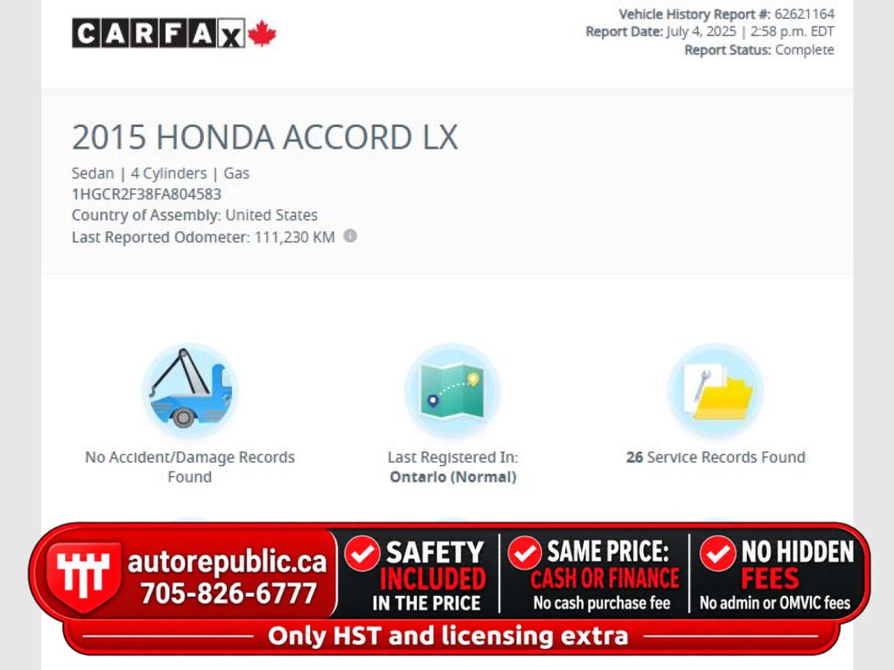 2015 Honda Accord LX Certified Well Maintained No Accidents Photo