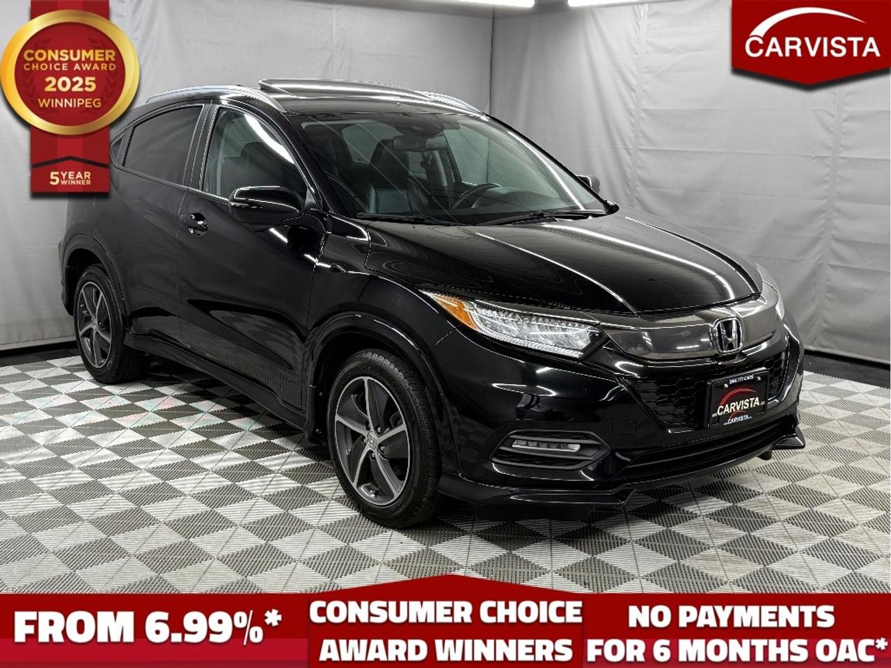 SUNROOF, LEATHER HEATED SEATS, FRONT CRASH DETECTION, LANE ASSIST, ADAPTIVE CRUISE CONTROL, BLUETOOTH HANDSFREE, NAVIGATION, REVERSE CAMERA, DUAL CLIMATE CONTROLS, NO ACCIDENTS, 1 OWNER

This 2020 Honda HR-V Touring AWD is a one owner SUV with a clean accident free history, blending practicality, efficiency, and premium features into one versatile package. The HR-Vs compact size makes it perfect for city driving, while its all wheel drive system provides confident handling in all seasons. Inside, the Touring trim delivers a refined experience with leather trimmed seating, heated front seats, navigation, and a power moonroof. Advanced technology such as Hondas Display Audio system with Apple CarPlay and Android Auto keeps you connected, while safety features like Honda Sensing, lane watch, and a multi-angle rearview camera provide added peace of mind.

Stylish, comfortable, and exceptionally reliable, this HR-V Touring is the ideal choice for drivers seeking efficiency and premium comfort in a compact SUV.

5 years running, consecutive receivers of the prestigious Consumer Choice Award in 2021, 2022, 2023, 2024 and 2025! Low rate dealer arranged financing available! 
At Carvista we offer a unique buying experience, with no deceiving finance gimmicks and trades are welcome but not required! Carvista is a family operated business that has been in business for over 25 years, and has earned a A+ BBB Accreditation and outstanding consumer accolades. Offering 175 quality pre-owned vehicles, all are certified and Carfax verified, most with remaining factory warranty and a modern facility located on Winnipegs Regent Ave strip. We welcome you to visit us at 1201 Regent Ave W, at Carvista, and drive away in a like new vehicle for less. In many cases we can offer no payments for 6 months! Dont let your trade or credit stop you, we accept any kind, any time. CARVISTA.CA, "Where the deals are".
 Prices and payments exclude GST OR PST Carvista Inc. 
Dealer Permit # 1211, Category: Used Vehicle 
Please verify all ad details with a Carvista sales person, vehicle may not be exactly as shown.