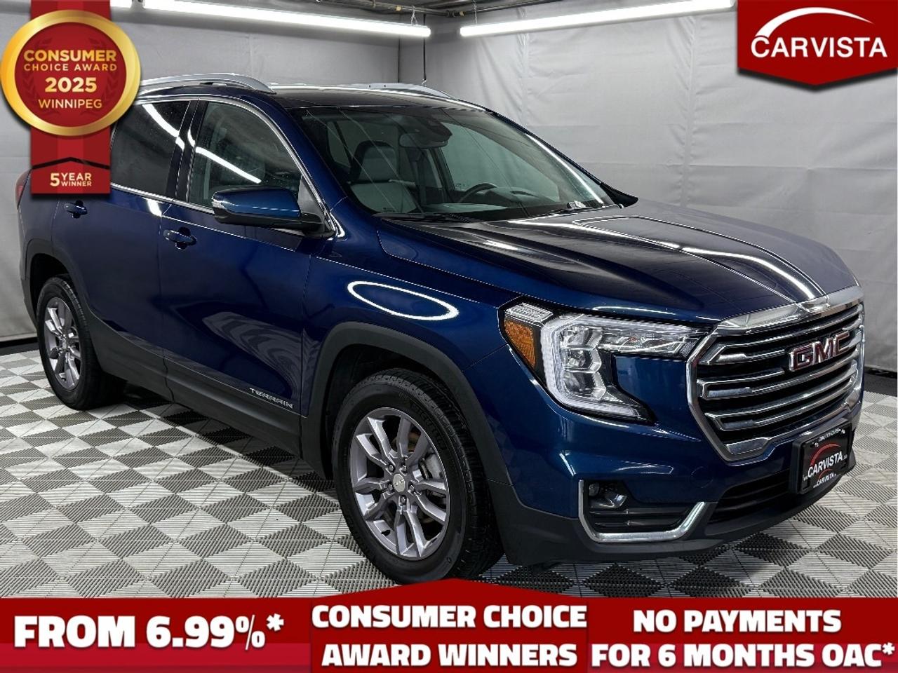 CONSECUTIVE COMSUMER CHOICE AWARD WINNERS!

LEATHER HEATED SEATS/STEERING WHEEL, FRONT CRASH DETECTION, DUAL CLIMATE CONTROLS, REVERSE CAMERA, ANDROID/APPLE CARPLAY, POWER LIFTGATE, NO ACCIDENTS, 1 OWNER

Drive in comfort, style, and confidence with this 2023 GMC Terrain SLT AWD. A one owner SUV with no accident history, it offers a like new experience backed by GMCs reputation for quality and refinement. Under the hood, its efficient yet capable engine is paired with an advanced all wheel drive system, giving you a smooth ride on the highway and confident traction in all seasons.

The SLT trim delivers an upscale feel with premium leather appointed seating, heated front seats, a heated steering wheel, dual-zone climate control, and a spacious cabin designed for both passengers and cargo. The intuitive infotainment system includes a large touchscreen, navigation, Apple CarPlay, Android Auto, Bluetooth handsfree, and a premium audio system for an enjoyable drive every time.

Safety and convenience are at the forefront with features such as lane keep assist, forward collision alert, automatic emergency braking, blind spot monitoring, rear cross traffic alert, a rearview camera, and remote start. Stylish exterior touches include chrome accents, LED lighting, and sleek 18 inch alloy wheels.

With only one previous owner and no accidents, this 2023 GMC Terrain SLT AWD blends sophistication, advanced technology, and everyday practicality into a dependable, all weather SUV.

5 years running, consecutive receivers of the prestigious Consumer Choice Award in 2021, 2022, 2023, 2024 and 2025! Low rate dealer arranged financing available! 
At Carvista we offer a unique buying experience, with no deceiving finance gimmicks and trades are welcome but not required! Carvista is a family operated business that has been in business for over 25 years, and has earned a A+ BBB Accreditation and outstanding consumer accolades. Offering 175 quality pre-owned vehicles, all are certified and Carfax verified, most with remaining factory warranty and a modern facility located on Winnipegs Regent Ave strip. We welcome you to visit us at 1201 Regent Ave W, at Carvista, and drive away in a like new vehicle for less. In many cases we can offer no payments for 6 months! Dont let your trade or credit stop you, we accept any kind, any time. CARVISTA.CA, "Where the deals are".
 Prices and payments exclude GST OR PST Carvista Inc. 
Dealer Permit # 1211, Category: Used Vehicle 
Please verify all ad details with a Carvista sales person, vehicle may not be exactly as shown.