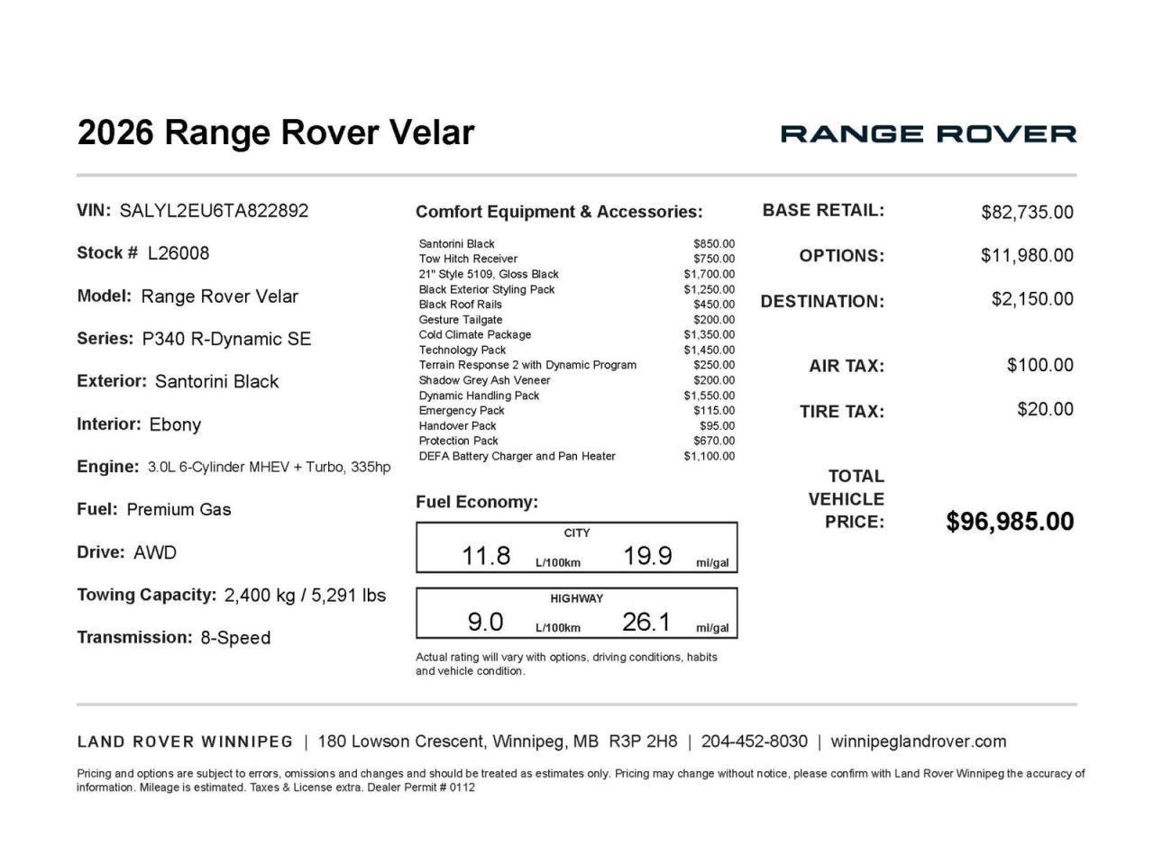New 2026 Land Rover Range Rover Velar Dynamic SE Black Exterior Design Package for sale in Winnipeg, MB