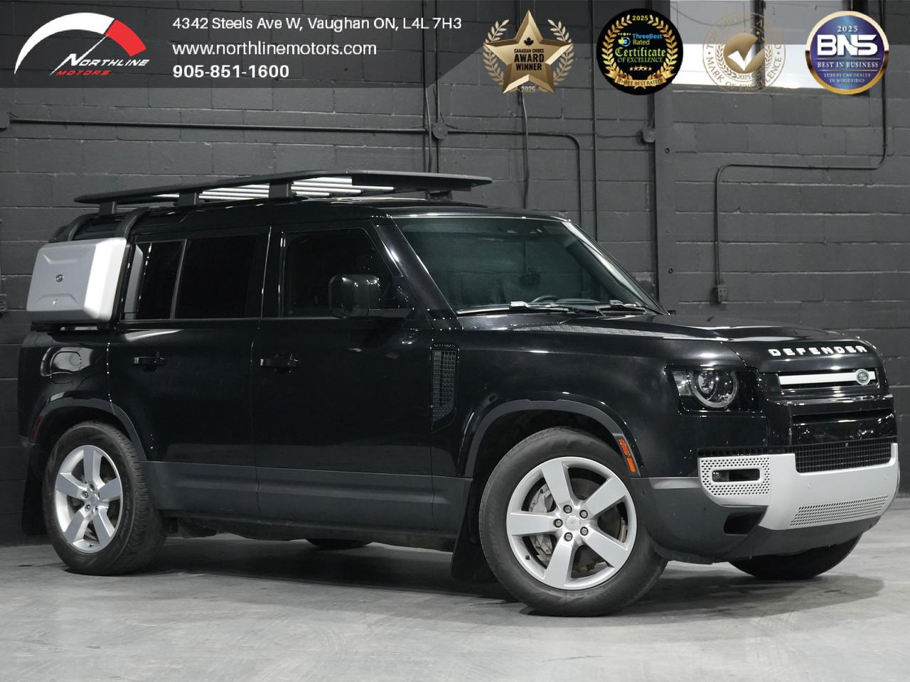 SANTORINI BLACK ON BLACK 2023 Land Rover Defender SE | FOUR WHEEL DRIVE

-3.0L Inline-6 Turbocharged Ingenium Mild Hybrid (MHEV)
-8-Speed Automatic Transmission
-Full-Time All-Wheel Drive (AWD)
-Terrain Response 2 System
-Hill Descent Control
-Hill Launch Assist
-Eco Stop/Start System
-Configurable Terrain Modes
-Panoramic Sliding Sunroof
-LED Headlights with Signature DRL
-Auto High Beam Assist
-Auto Folding & Heated Power Mirrors
-Auto-Dimming Exterior Mirrors
-Black Exterior Trim (SE Styling Package)
-Privacy Glass
-Side-Hinged Rear Tailgate
-Rain-Sensing Wipers
-Alloy Wheels (SE specification)
-Heated & Ventilated Front Seats
-Memory Front Seats
-Heated Steering Wheel
-Premium Leather / Resist Upholstery (SE trim)
-12-Way Power Front Seats
-Dual-Zone Automatic Climate Control
-Configurable Ambient Interior Lighting
-Leather-Wrapped Steering Wheel
-Split-Folding Rear Seats (40:20:40)
-Pivi Pro Infotainment System
-Navigation System
-Meridian&trade; Sound System
-Apple CarPlay
-Android Auto
-Bluetooth Connectivity
-Audio Voice Control
-Wireless Phone Charging
-USB-C Ports
-Voice Command System
-360&deg; Surround View Camera System
-Front & Rear Parking Sensors
-Rear View Camera
-Park Assist System
-Lane Keep Assist
-Blind Spot Assist
-Rear Traffic Monitor
-Emergency Braking
-Driver Condition Monitoring
-Traffic Sign Recognition
-Speed Limiter
-Forward Collision Warning System
-Terrain-Based Stability Control

CLEAN CARFAX

****QUALIFY FOR A 4 YEAR WARRANTY ON OUR VEHICLES TODAY!!!!


Northline Motors is a 5 star, family-owned dealership that prides itself on strong family values and a commitment to excellence. As consecutive winners of the Peoples Top Choice Award in the GTA, recognized as one of the Top Three Best Dealers in Vaughan by Top Three Rated, named Best Canadian Business by the Canada Business Review Board, and accredited by the Better Business Bureau with an A+ rating, our dedication to quality truly stands out. Weve also been honored with the Readers Choice Award in Vaughan. Visit our website for weekly updates on our exciting inventory, or stop by our pressure free, friendly showrooms - coffee and tea are always on us-to experience luxury, comfort, and innovation firsthand. With over 12 years of industry experience, we understand your needs and work tirelessly to deliver an exceptional experience every time. Our competitive prices and extensive selection of premium vehicles are backed by full transparency, comprehensive vehicle history reports, extended warranties, and aftermarket services. Serving customers nationwide, we invite you to call or visit today and become part of the ever growing Northline family. 

Please note: Prices exclude applicable taxes and licensing fees. All vehicles, unless otherwise specified, can be certified for an additional $999; otherwise, as per OMVIC regulations, the vehicle is not drivable, certified, or e tested. 

Although every effort is made to ensure the information provided is accurate and up-to-date, we do not take responsibility for any errors, omissions, or typographical mistakes found on our pages, including vehicle options. Additionally, prices are subject to change without notice. To ensure you have the most up-to-date information, please contact our sales team.
