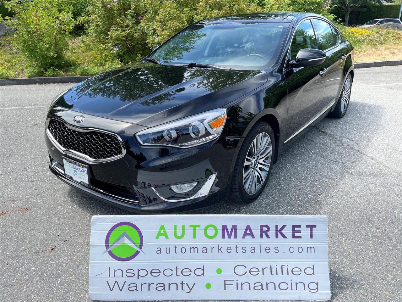 TOTAL LUXURY FLAG SHIP KIA CADENZA. ONE OWNER LOCAL TOP OF THE LINE SEDAN. EVERY OPTION IMAGINABLE. GREAT FINANCING, WARRANTY, INSPECTED!<br /><br />Welcome to the Automarket, your community dealership of "YES". We are featuring an exceptionally beautiful Kia Cadenza. This is Kia's flag ship mid size<br /><br />Luxury sedan. Loaded with every imaginable feature such as Heated & cooled Leather Seats, Back Up Camera, Power Glass Sunroof, Navigation and every power feature that was available.<br /><br />Having been fully inspected, we know that the Tires are between 60-70% new, the Brakes are Brand new both on the front and the rear. We also tested the battery and the coolant as well as fully detialed the vehicle for you enjoyment and peace of mind.&nbsp;<br /><br />2 LOCATIONS TO SERVE YOU, BE SURE TO CALL FIRST TO CONFIRM WHERE THE VEHICLE IS PARKED<br />WHITE ROCK 604-542-4970 LANGLEY 604-533-1310 OWNER'S CELL 604-649-0565<br /><br />We are a family owned and operated business since 1983 and we are committed to offering outstanding vehicles backed by exceptional customer service, now and in the future.<br />What ever your specific needs may be, we will custom tailor your purchase exactly how you want or need it to be. All you have to do is give us a call and we will happily walk you through all the steps with no stress and no pressure.<br />WE ARE THE HOUSE OF YES?<br />ADDITIONAL BENFITS WHEN BUYING FROM SK AUTOMARKET:<br />ON SITE FINANCING THROUGH OUR 17 AFFILIATED BANKS AND VEHICLE FINANCE COMPANIES<br />IN HOUSE LEASE TO OWN PROGRAM.<br />EVRY VEHICLE HAS UNDERGONE A 120 POINT COMPREHENSIVE INSPECTION<br />EVERY PURCHASE INCLUDES A FREE POWERTRAIN WARRANTY<br />EVERY VEHICLE INCLUDES A CARFAX AND ICBC DAMAGE REPORT<br />EVERY VEHICLE IS GUARANTEED LIEN FREE<br />DISCOUNTED RATES ON PARTS AND SERVICE FOR YOUR NEW CAR AND ANY OTHER FAMILY CARS THAT NEED WORK NOW AND IN THE FUTURE.<br />36 YEARS IN THE VEHICLE SALES INDUSTRY<br />A+++ MEMBER OF THE BETTER BUSINESS BUREAU<br />RATED TOP DEALER BY CARGURUS 2 YEARS IN A ROW<br />MEMBER IN GOOD STANDING WITH THE VEHICLE SALES AUTHORITY OF BRITISH COLUMBIA<br />MEMBER OF THE AUTOMOTIVE RETAILERS ASSOCIATION<br />COMMITTED CONTRIBUTER TO OUR LOCAL COMMUNITY AND THE RESIDENTS OF BC<br /><br /><br /> This vehicle has been Fully Inspected, Certified and Qualifies for Our Free Extended Warranty.Don't forget to ask about our Great Finance and Lease Rates. We also have a Options for Buy Here Pay Here and Lease to Own for Good Customers in Bad Situations. 2 locations to help you, White Rock and Langley. Be sure to call before you come to confirm the vehicles location and availability or look us up at www.automarketsales.com. White Rock 604-542-4970 and Langley 604-533-1310. Serving Surrey, Delta, Langley, Richmond, Vancouver, all of BC and western Canada. Financing & leasing available. CALL SK AUTOMARKET LTD. 6045424970. Call us toll-free at 1 877 813-6807. $999 Documentation fee (negotiable) and applicable taxes are in addition to advertised prices. LANGLEY LOCATION DEALER# 40038 S. SURREY LOCATION DEALER #9987<br />