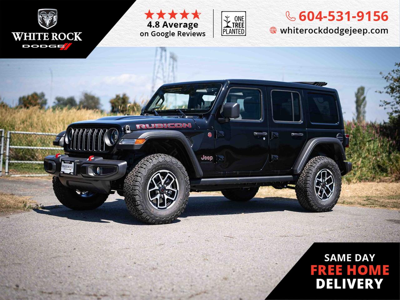 Are you ready for an adventure? ALLOY WHEELS, SKID PLATES, TRAILER SWAY CONTROL, 4 WHEEL DISC BRAKES. This 2025 Jeep Wrangler Rubicon is equipped to elevate your off-road experiences. Decked in a sleek Black exterior and matching Black interior, it captivates at first glance.<p><p>Beneath the hood lies a robust 3.6L 6cyl engine, ready to unleash its prowess on any terrain. The 8-Speed Automatic Transmission ensures smooth transitions, while the revered 4x4 system promises unmatched control and capability.<p><p>Inside, comfort meets convenience with DUAL FRONT IMPACT AIRBAGS for safety and a fully equipped GARAGE DOOR TRANSMITTER for ease. The TRAILER HITCH adds versatility for all your towing needs. FULLY AUTOMATIC HEADLIGHTS and FRONT FOG LIGHTS provide utmost visibility, while HEATED DOOR MIRRORS clear your view during those damp coastal mornings.<p><p>The TECHNOLOGY PACKAGE features modern essentials like REMOTE KEYLESS ENTRY and a TRACKER SYSTEM, keeping security and convenience at your fingertips. With SPLIT FOLDING REAR SEATS, configure the spaciously luxurious interior to fit your gear as you set out on summer excursions across British Columbia.<p><p>This vehicle isnt just a mode of transport; its a promise of freedom and excitement. Ready to respond to your command and carry you through the great outdoors, its the ultimate companion for the daring soul.<p><p>*All new vehicle purchases are plus the PDI accessory installs and any price increases provided by the manufacturer. For trucks the accessories will include wheel locks, spray-in liners, and mud flaps. For all other vehicles, wheel locks are standard, other equipment may apply. Confirm with the dealer.