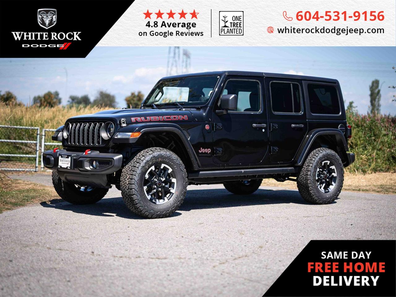 Uncover unmatched capability, ALLOY WHEELS, TRAILER SWAY CONTROL, SKID PLATES, ELECTRONIC STABILITY. Dive into your adventures with confidence in the 2025 Jeep Wrangler Rubicon, where robust design meets cutting-edge technology. This trailblazing vehicle is set to turn heads in Surrey with its timeless Black exterior and sleek Black interior.<p><p>Beneath the hood lies a potent 3.6L 6cyl engine, paired with an efficient 8-speed Automatic transmission, delivering unbridled power and control. The 4x4 drivetrain ensures exceptional handling on and off the road, while advanced safety features like TRACTION CONTROL and INTEGRATED ROLL-OVER PROTECTION provide peace of mind during every journey.<p><p>Luxury meets utility with features like AUTOMATIC TEMPERATURE CONTROL and HEATED DOOR MIRRORS, adding comfort to rugged excursions. The intuitively designed interior boasts ILLUMINATED ENTRY and a COMPASS, ensuring you navigate terrains with ease. The TRAILER HITCH enhances utility, readying you for any task or getaway.<p><p>The CAPABILITY CONFIGURABLE settings personalize your driving experience, while the TRACKER SYSTEM ensures your prized Jeep is always secure. Add to that the convenience of REMOTE KEYLESS ENTRY and an advanced SECURITY SYSTEM, and you have a vehicle that doesnt just meet expectationsit surpasses them.<p><p>Designed for the discerning driver who demands performance, safety, and style, the 2025 Jeep Wrangler Rubicon is more than a vehicleits a statement. Discover unparalleled driving enjoyment in this new pinnacle of adventure.*All new vehicle purchases are plus the PDI accessory installs and any price increases provided by the manufacturer. For trucks the accessories will include wheel locks, spray-in liners, and mud flaps. For all other vehicles, wheel locks are standard, other equipment may apply. Confirm with the dealer.