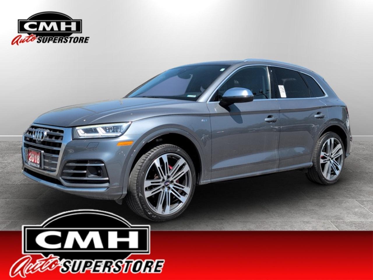 <b>ONLY 64,000 KMS !! NAVIGATION, 360 CAMERA, PARK SENSORS, ADAPTIVE CRUISE, COLLISION SENSORS, BLIND SPOT, SMARTPHONE INTERFACE, RAIN SENSING WIPERS, PANORAMIC SUNROOF, LEATHER, COOLED/HEATED SEATS, COOLED/HEATED CUPHOLDERS, POWER LIFTGATE, 21-IN ALLOYS</b><br>  <br>CMH certifies that all vehicles meet DOUBLE the Ministry standards for Brakes and Tires. The advertised price is the promotional financing price. For all other methods of payment, the selling price is $500 higher.<br><br> <br>This 2018 Audi SQ5 is for sale today.<br> <br>With a thrilling, high-performance engine, this Audi SQ5 offers a harmonious balance of performance you would expect from a German-engineered coupe with the inspiring confidence of an SUV. This SQ5 is an expression of Audis aspirations and craft in the form of a comfortable, practical crossover that delivers exhilarating performance.<br> <br>This low mileage SUV has just 63,773 km. Its Grey in colour and is major accident free based on the <a href=https://vhr.carfax.ca/?id=BaDIxK/7m5gaHf/34hlsdnc9kiiBtS0t target=_blank>CARFAX Report</a>. It has an Automatic transmission and is powered by a 354HP 3.0L V6 Cylinder Engine. <br> <br> Our SQ5s trim level is 3.0 TFSI quattro Technik. The Technik trim adds advanced technology to this versatile SQ5. It comes with an 8.3-inch display radio with navigation, Bluetooth, SiriusXM, a USB port, and 19-speaker premium audio, a 360-degree camera, parking sensors, leather seats which are heated in front, a heated, leather-wrapped steering wheel with audio and cruise control, dual-zone automatic climate control, a power sunroof, a chrome grille, aluminum wheels, and more.<br> <br>To apply right now for financing use this link: <a href=https://www.cmhniagara.com/financing/ target=_blank>https://www.cmhniagara.com/financing/</a><br> <br/><br>**PLEASE NOTE:** The functionality and condition of any accessories and aftermarket parts are not guaranteed by CMH Auto Superstore. Examples of such items include, but are not limited to: tonneau covers, radios, cameras, remote starts, vent visors, roof racks, winches, light bars, headlights/tail lights, center caps, running boards, etc. If an aftermarket part is safety-related and found to be defective, it will be replaced by a factory option.<br><b>**CMH Auto Superstore reserves the right to choose to repair, modify, or replace all aftermarket parts (example  headlights) or accessories at its sole discretion.**</b><br><br>Trade-ins are welcome! Financing available OAC ! Price INCLUDES a valid safety certificate! Price INCLUDES a 60-day limited warranty on all vehicles except classic or vintage cars. CMH is a Full Disclosure dealer with no hidden fees. We are a family-owned and operated business for over 30 years! o~o
