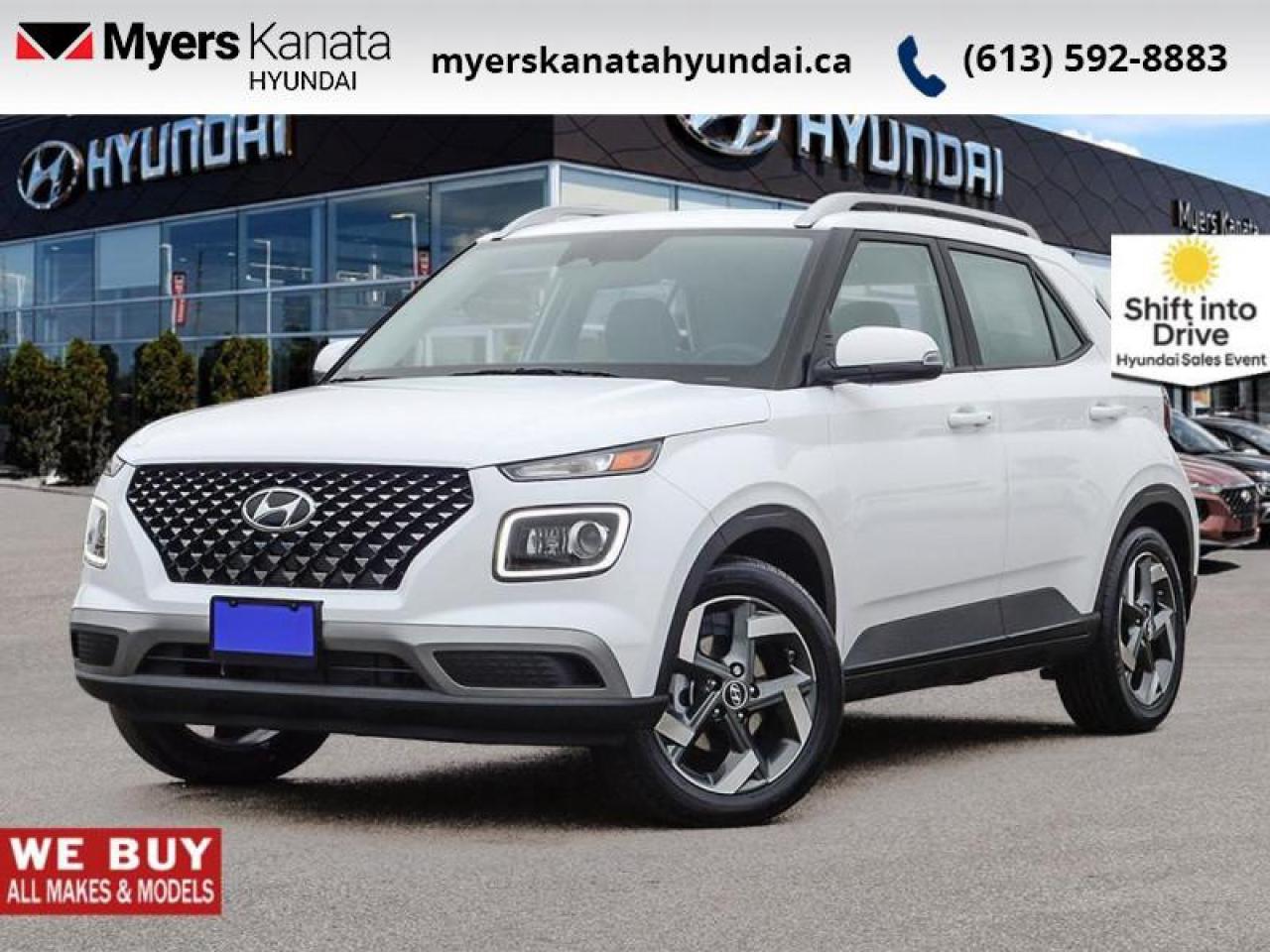 <b>Sunroof,  Wireless Charging,  LED Lights,  Heated Seats,  Heated Steering Wheel!</b><br> <br> <br> <br>  From the first step inside the 2025 Hyundai Venue youll enjoy the features that make the cabin space your favourite place to be. <br> <br>With an amazing, urban sized footprint, plus a massive amount of cargo space, this 2025 Venue can do it all. Whether you need a grocery getter, kid hauler, or an errand runner, this 2025 Venue is ready to turn everything into an adventure. This modern Venue has a bold yet sophisticated SUV profile that radiates road presence and allows you to express your unique sense of style. <br> <br> This atlas wht SUV  has an automatic transmission.<br> <br> Our Venues trim level is Ultimate IVT w/Black Interior. This range-topping Venue Ultimate with the Black Interior rewards you with a power-sliding sunroof, LED headlights with cornering function, and wireless charging for mobile devices, along with blind spot detection, remote engine start, roof rack rails, and a heated steering wheel. Additional features include heated front seats, 60-40 folding rear seats, remote keyless entry, power heated side mirrors, automatic high beams, front and rear cupholders, and an 8-inch touchscreen with wireless Apple CarPlay and Android Auto. Safety features include lane keeping assist, lane departure warning, forward collision avoidance, driver monitoring alert, and a rear view camera. This vehicle has been upgraded with the following features: Sunroof,  Wireless Charging,  Led Lights,  Heated Seats,  Heated Steering Wheel,  Apple Carplay,  Android Auto. <br><br> <br>To apply right now for financing use this link : <a href=https://www.myerskanatahyundai.com/finance/ target=_blank>https://www.myerskanatahyundai.com/finance/</a><br><br> <br/>    This vehicle may qualify for $500 Military Program Bonus. Eligible customers may qualify for the Hyundai 0.50% Loyalty Finance Rate Reduction - certain restrictions may apply. 6.29% financing for 96 months. <br> Buy this vehicle now for the lowest weekly payment of <b>$101.91</b> with $0 down for 96 months @ 6.29% APR O.A.C. ( Plus applicable taxes -  $2596 and licensing fees    ).  Incentives expire 2025-07-31.  See dealer for details. <br> <br>This vehicle is located at Myers Kanata Hyundai 400-2500 Palladium Dr Kanata, Ontario. <br><br> Come by and check out our fleet of 30+ used cars and trucks and 50+ new cars and trucks for sale in Kanata.  o~o