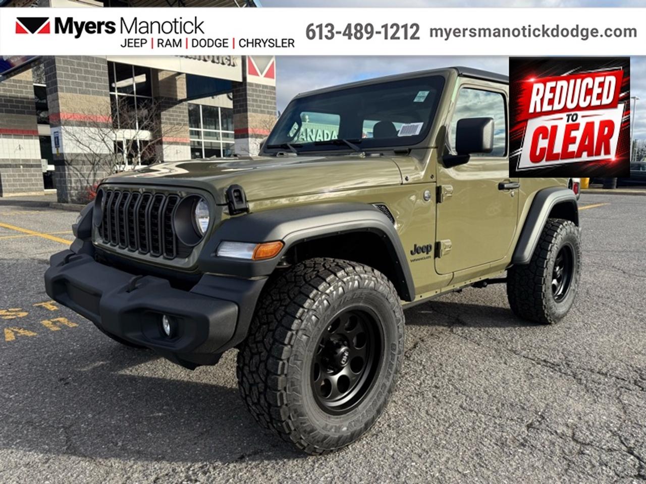 <b>Freedom Top!</b><br> <br> <br> <br>Call 613-489-1212 to speak to our friendly sales staff today, or come by the dealership!<br> <br>With decades of experience, and all the modern technology they could need, this Jeep Wrangler is ready to rock your world. <br> <br>No matter where your next adventure takes you, this Jeep Wrangler is ready for the challenge. With advanced traction and handling capability, sophisticated safety features and ample ground clearance, the Wrangler is designed to climb up and crawl over the toughest terrain. Inside the cabin of this Wrangler offers supportive seats and comes loaded with the technology you expect while staying loyal to the style and design youve come to know and love.<br> <br>This '41 SUV has an Automatic transmission and is powered by a 270HP 2.0L 4 Cylinder Engine. <br>This vehicles price also includes $2998 in additional equipment, specifically: <b>toyo open country tires + hd fast wheels</b>. <br> <br> Our Wranglers trim level is Sport. This off-road icon in the Sport trim comes standard with front and rear tow hooks, front fog lamps, and a manual convertible top with fixed rollover protection. Also standard include front and rear illuminated cupholders, air conditioning, an 8-speaker audio system, and a 12.3-inch infotainment screen powered by Uconnect 5W, with smartphone integration and mobile hotspot internet access. Additional features include cruise control, a rearview camera, and even more. This vehicle has been upgraded with the following features: Freedom Top.<br><br> View the original window sticker for this vehicle with this url <b><a href=http://www.chrysler.com/hostd/windowsticker/getWindowStickerPdf.do?vin=1C4PJXANXSW618764 target=_blank>http://www.chrysler.com/hostd/windowsticker/getWindowStickerPdf.do?vin=1C4PJXANXSW618764</a></b>.<br> <br>To apply right now for financing use this link: <a href=https://CreditOnline.dealertrack.ca/Web/Default.aspx?Token=3206df1a-492e-4453-9f18-918b5245c510&Lang=en target=_blank>https://CreditOnline.dealertrack.ca/Web/Default.aspx?Token=3206df1a-492e-4453-9f18-918b5245c510&Lang=en</a><br><br> <br/> Weve discounted this vehicle $2977.<br> Buy this vehicle now for the lowest weekly payment of <b>$148.58</b> with $0 down for 96 months @ 4.99% APR O.A.C. ( Plus applicable taxes -  $1199  fees included in price **Rebates may not be applicable on all purchase types [cash, lease, or finance]. Eligibility and conditions may vary. Please see dealer for full details and confirmation of eligibility.    ).  See dealer for details. <br> <br>If youre looking for a Dodge, Ram, Jeep, and Chrysler dealership in Ottawa that always goes above and beyond for you, visit Myers Manotick Dodge today! Were more than just great cars. We provide the kind of world-class Dodge service experience near Kanata that will make you a Myers customer for life. And with fabulous perks like extended service hours, our 30-day tire price guarantee, the Myers No Charge Engine/Transmission for Life program, and complimentary shuttle service, its no wonder were a top choice for drivers everywhere. Get more with Myers!<br> Come by and check out our fleet of 20+ used cars and trucks and 40+ new cars and trucks for sale in Manotick.  o~o