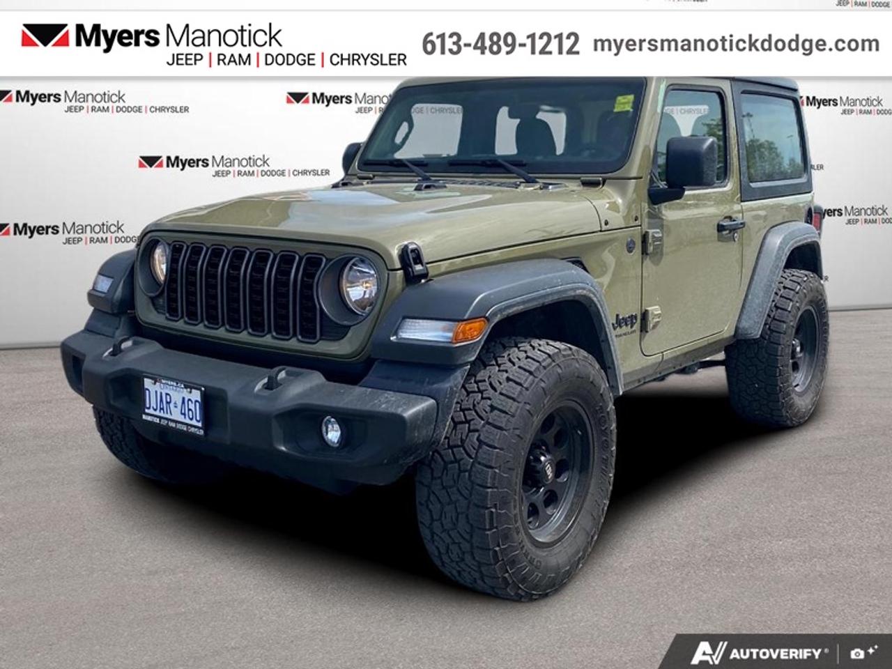 <b>Low Mileage, Mobile Hotspot,  Proximity Key,  Cruise Control,  Rear Camera!</b><br> <br>  Compare at $46340 - Our Price is just $44990! <br> <br>This Jeep Wrangler is the culmination of tireless innovation and extensive testing to build the ultimate off-road SUV! This 2025 Jeep Wrangler is for sale today in Manotick.<br> <br>No matter where your next adventure takes you, this Jeep Wrangler is ready for the challenge. With advanced traction and handling capability, sophisticated safety features and ample ground clearance, the Wrangler is designed to climb up and crawl over the toughest terrain. Inside the cabin of this Wrangler offers supportive seats and comes loaded with the technology you expect while staying loyal to the style and design youve come to know and love.<br> <br>This low mileage SUV has just 20 km. Its nice in colour and is completely accident free based on the <a href=https://vhr.carfax.ca/?id=1ERQhoxF8fijMK7tznrDg1GTFJ1fafo3 target=_blank>CARFAX Report</a>. It has an Automatic transmission and is powered by a 270HP 2.0L 4 Cylinder Engine. <br> <br> Our Wranglers trim level is Sport. This off-road icon in the Sport trim comes standard with front and rear tow hooks, front fog lamps, and a manual convertible top with fixed rollover protection. Also standard include front and rear illuminated cupholders, air conditioning, an 8-speaker audio system, and a 12.3-inch infotainment screen powered by Uconnect 5W, with smartphone integration and mobile hotspot internet access. Additional features include cruise control, a rearview camera, and even more. This vehicle has been upgraded with the following features: Mobile Hotspot, Proximity Key, Cruise Control, Rear Camera.<br> To view the original window sticker for this vehicle view this <a href=http://www.chrysler.com/hostd/windowsticker/getWindowStickerPdf.do?vin=1C4PJXANXSW618764 target=_blank>http://www.chrysler.com/hostd/windowsticker/getWindowStickerPdf.do?vin=1C4PJXANXSW618764</a>. <br/><br> <br>To apply right now for financing use this link: <a href=https://CreditOnline.dealertrack.ca/Web/Default.aspx?Token=3206df1a-492e-4453-9f18-918b5245c510&Lang=en target=_blank>https://CreditOnline.dealertrack.ca/Web/Default.aspx?Token=3206df1a-492e-4453-9f18-918b5245c510&Lang=en</a><br> <br/><br>If youre looking for a Dodge, Ram, Jeep, and Chrysler dealership in Ottawa that always goes above and beyond for you, visit Myers Manotick Dodge today! Were more than just great cars. We provide the kind of world-class Dodge service experience near Kanata that will make you a Myers customer for life. And with fabulous perks like extended service hours, our 30-day tire price guarantee, the Myers No Charge Engine/Transmission for Life program, and complimentary shuttle service, its no wonder were a top choice for drivers everywhere. Get more with Myers! <br>*LIFETIME ENGINE TRANSMISSION WARRANTY NOT AVAILABLE ON VEHICLES WITH KMS EXCEEDING 140,000KM, VEHICLES 8 YEARS & OLDER, OR HIGHLINE BRAND VEHICLE(eg. BMW, INFINITI. CADILLAC, LEXUS...)<br> Come by and check out our fleet of 30+ used cars and trucks and 40+ new cars and trucks for sale in Manotick.  o~o
