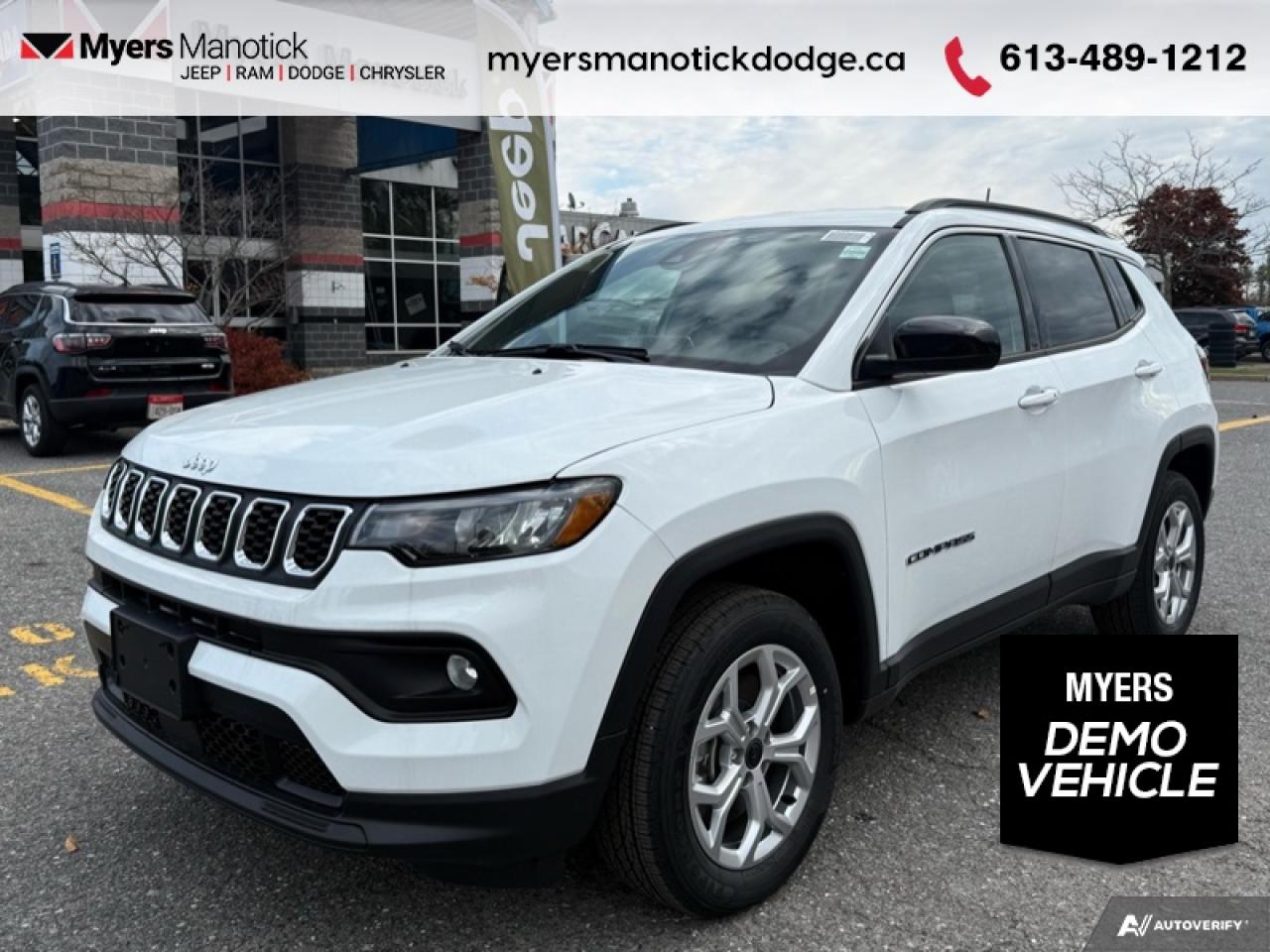 <b>Heated Steering Wheel,  Remote Start,  Climate Control,  Proximity Key,  Heated Seats!</b><br> <br> <br> <br>Call 613-489-1212 to speak to our friendly sales staff today, or come by the dealership!<br> <br>Elevate your driving experience with this 2025 Jeep Compass, with advanced tech and a slew of great standard features. <br> <br>Keeping with quintessential Jeep engineering, this 2025 Compass sports a striking exterior design, with an extremely refined interior, loaded with the latest and greatest safety, infotainment and convenience technology. This SUV also has the off-road prowess to booth, with rugged build quality and great reliability to ensure that you get to your destination and back, as many times as you want.<br> <br>This Bright White SUV has an Automatic transmission and is powered by a 200HP 2.0L 4 Cylinder Engine. <br> <br> Our Compasss trim level is North. This Compass North steps things up with a heated steering wheel, dual-zone climate control, remote engine start, roof rack rails, front fog lamps and cornering headlamps, in addition to heated front seats, a 10.1-inch infotainment screen powered by Uconnect 5 with Apple CarPlay and Android Auto, push button start, air conditioning, cruise control with steering wheel controls, and front and rear cupholders. Safety features also include lane keeping assist with lane departure warning, forward collision warning with active braking, driver monitoring alert, and a rearview camera. This vehicle has been upgraded with the following features: Heated Steering Wheel, Remote Start, Climate Control, Proximity Key, Heated Seats, LED Lights, Lane Keep Assist. This is a demonstrator vehicle driven by a member of our staff and has just 1000 km.<br><br> View the original window sticker for this vehicle with this url <b><a href=http://www.chrysler.com/hostd/windowsticker/getWindowStickerPdf.do?vin=3C4NJDBN2ST607641 target=_blank>http://www.chrysler.com/hostd/windowsticker/getWindowStickerPdf.do?vin=3C4NJDBN2ST607641</a></b>.<br> <br>To apply right now for financing use this link: <a href=https://CreditOnline.dealertrack.ca/Web/Default.aspx?Token=3206df1a-492e-4453-9f18-918b5245c510&Lang=en target=_blank>https://CreditOnline.dealertrack.ca/Web/Default.aspx?Token=3206df1a-492e-4453-9f18-918b5245c510&Lang=en</a><br><br> <br/> Weve discounted this vehicle $3000. Total  rebate of $5500 is reflected in the price.  <br> Buy this vehicle now for the lowest weekly payment of <b>$109.19</b> with $0 down for 96 months @ 4.99% APR O.A.C. ( Plus applicable taxes -  $1199  fees included in price **Rebates may not be applicable on all purchase types [cash, lease, or finance]. Eligibility and conditions may vary. Please see dealer for full details and confirmation of eligibility.    ).  Incentives expire 2026-03-31.  See dealer for details. <br> <br>If youre looking for a Dodge, Ram, Jeep, and Chrysler dealership in Ottawa that always goes above and beyond for you, visit Myers Manotick Dodge today! Were more than just great cars. We provide the kind of world-class Dodge service experience near Kanata that will make you a Myers customer for life. And with fabulous perks like extended service hours, our 30-day tire price guarantee, the Myers No Charge Engine/Transmission for Life program, and complimentary shuttle service, its no wonder were a top choice for drivers everywhere. Get more with Myers!<br> Come by and check out our fleet of 30+ used cars and trucks and 50+ new cars and trucks for sale in Manotick.  o~o