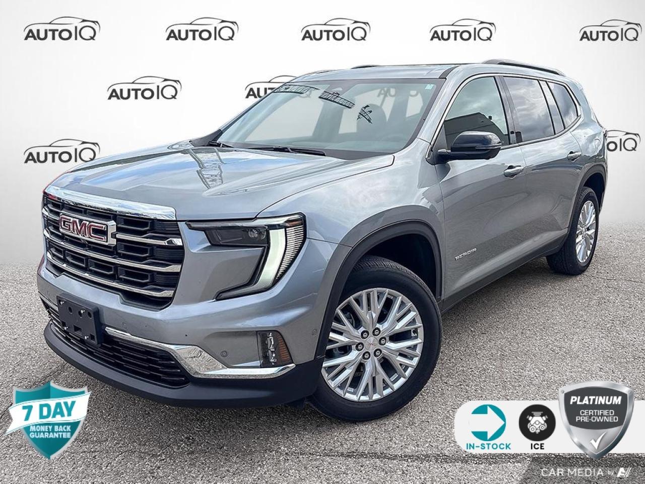 Recent Arrival!<br><br><br>| Apple Carplay | Android Auto, AWD, After Dark w/Perforated Leather-Appointed Seat Trim, 12 Speakers, 1st & 2nd Row All-Weather Floor Mats, 3rd Row All-Weather Floor Liner (LPO), 3rd row seats: split-bench, 4-Wheel Disc Brakes, 6-Way Power Front Passenger Seat Adjuster, 7-Passenger Seating (2-2-3 Seating Configuration), 8-Way Power Driver Seat Adjuster, ABS brakes, Air Conditioning, Alloy wheels, AM/FM radio, Apple CarPlay/Android Auto, Auto High-beam Headlights, Auto-dimming Rear-View mirror, Automatic temperature control, Bose Performance 12-Speaker System w/Sub-woofer, Brake assist, Bumpers: body-colour, Compass, CoreTec Seat Trim, Delay-off headlights, Driver 4-Way Power Lumbar Seat Adjuster, Driver Attention Assist, Driver door bin, Driver vanity mirror, Dual front impact airbags, Dual front side impact airbags, Electronic Stability Control, Emergency communication system: OnStar and GMC connected services capable, Enhanced Automatic Parking Assist, Four wheel independent suspension, Front anti-roll bar, Front Bucket Seats, Front dual zone A/C, Front fog lights, Front Passenger 4-Way Power Lumbar Seat Adjuster, Front reading lights, Fully automatic headlights, Garage door transmitter, Heated door mirrors, Heated Driver & Front Passenger Seats, Heated front seats, Heated steering wheel, Illuminated entry, Interior Protection Package (LPO), Leather steering wheel, Low tire pressure warning, Occupant sensing airbag, Outside temperature display, Overhead airbag, Overhead console, Panic alarm, Panoramic Power Sunroof w/Sunshade, Passenger door bin, Passenger vanity mirror, Power door mirrors, Power driver seat, Power Liftgate, Power passenger seat, Power steering, Power windows, Preferred Equipment Group 4SD, Premium audio system: GMC Infotainment System, Radio data system, Radio: 15 Premium GMC Infotainment System, Rear air conditioning, Rear anti-roll bar, Rear reading lights, Rear side impact airbag, Rear window defroster, Rear window wiper, Remote keyless entry, Security system, SiriusXM w/360L, Speed control, Speed-sensing steering, Split folding rear seat, Spoiler, Sport steering wheel, Steering wheel mounted audio controls, Super Cruise, Super Cruise Package, Tachometer, Telescoping steering wheel, Tilt steering wheel, Traction control, Trip computer, Turn signal indicator mirrors, Variably intermittent wipers, Voltmeter, Wheels: 20 x 8 Bright Silver Aluminum.<br><br>Sterling Metallic<br>2024 GMC Acadia Elevation | ONLY 8000KM | ONE OWNER | LOCAL TRADE | NO ACCIDENTS | | ONLY 8000KM | ONE OWNER | LOCAL TRADE | NO ACCIDENTS |<br>4D Sport Utility<br>2.5L DOHC<br>8-Speed Automatic<br>AWD<p> </p>

<h4>PLATINUM CERTIFIED PRE-OWNED VEHICLE</h4>

<p>36-point Provincial Safety Inspection<br />
172-point inspection combined mechanical, aesthetic, functional inspection including a vehicle report card<br />
Warranty: 90-days or 5,000 KM on inspected mechanical items, factory extended options eligible for warranty up to 200,000 KM<br />
Complimentary CARFAX Vehicle History Report<br />
3X Provincial safety standard for tire tread depth<br />
3X Provincial safety standard for brake pad thickness<br />
7 Day Money Back Guarantee*<br />
Market Value Report provided<br />
Guaranteed 2 keys/key fobs and door code (if equipped)<br />
Equipped vehicles include a complimentary 3 month Sirius satellite radio subscription!<br />
Complimentary full interior detailing and carpet shampoo<br />
Paintless dent repair and/or touch-ups for applicable body panels<br />
Vehicle scanned for open recall notifications from manufacturer</p>

<p>SPECIAL NOTE: This vehicle is reserved for AutoIQs retail customers only. Please, no dealer calls. Errors & omissions excepted.</p>

<p>*As-traded, specialty or high-performance vehicles are excluded from the 7-Day Money Back Guarantee Program (including, but not limited to Ford Shelby, Ford mustang GT, Ford Raptor, Chevrolet Corvette, Camaro 2SS, Camaro ZL1, V-Series Cadillac, Dodge/Jeep SRT, Hyundai N Line, all electric models)</p>