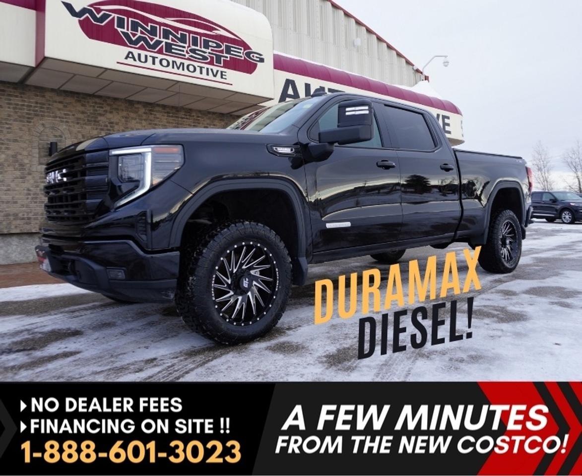 *** Dealer arranged financing on site! Quick, Simple,  no calls or waiting on bank appointments required!! Drive away today ***   NO ADMINISTRATION FEES!!

TRULY STUNNING IN ALL RESPECTS - LIFTED & LOADED HARD TO FIND & HIGHLY DESIRED NEW GEN SIERRA 1500 WITH THE 3.0L DURAMAX DIESEL & 6.5 FT BOX!! STUNNING & LOADED ALL BLACK BEAUTY NEW GENERATION 2024 GMC SIERRA 1500 CREW CAB ELEVATION  X31 4X4  EDITION WITH THE ALL NEW DASH! STILL AS NEW AND LOADED WITH OPTIONS INCLUDING POWER HEATED BUCKET SEATS AND WHEEL, FULL CENTER CONSOLE WITH WIRELESS CHARGING, DUAL AUTO CLIMATE CONTROL, DRIVER ALERT PACKAGE AND SO MUCH MORE! VERY WELL CARED FOR, NEW GENERATION 2024 GMC SIERRA 1500 CREW ELEVATION EDITION W/3.0L DURAMAX DIESEL & 4X4! WHAT A NICE TRUCK, CLEAN & READY TO GO!!    

- Fuel Sipping  3.0L DURAMAX DIESEL (producing 305 HP and an amazing 495 lbs of pulling torque) 
- New Gen 10 Speed automatic with Sport, Off-Road, and Trailer Tow modes
- Auto 4X4 with 2 stage transfer case (includes AWD) 
- Auto locking rear diff: 3.23 ratio
- AUTOTRAC TRANSFER CASE W/ TERRAIN MODE
- Dual Exhaust
- Power Heated  bucket seating with full center console (5-Passenger seating) 
- Heated Leather wrapped with tilt and telescoping Steering wheel 
- Dual Zone Auto climate control 
- New Gen Huge 13.4-inch Full Colour touchscreen premium Multi- Media infotainment system
- full Google built in with wireless Android and Apple Carplay
- Onstar Services and Wi-fi hotspot capable
- Bluetooth for media and phone  
- Blue tooth keys with push button start 
- Back up camera 
- 12.3-inch digital driver information center
- Rear park-assist 
- Factory remote starter w/remote tailgate opener
- GMC PRO SAFETY/ DRIVER ALERT PACKAGE 
- Automatic emergency braking
- Forward collision alert
- Front pedestrian Braking
- Lane Keep w/lane departure warning
- Follow Distance Indicator
- Intellibeam-auto high beam
- HD rear vision camera
- Teen Driver mode
- LED REFLECTOR HEADLAMPS
- LED SIGNATURE DAYTIME RUNNING LAMPS
- LED FOG LAMPS
- LED TAIL LAMPS
- SPRAY-ON BEDLINER - 6.5Ft Box 
- FIXED CARGO TIE DOWNS
- LED CARGO AREA LIGHTING
- Nice Tonneau box cover
- CORNERSTEP REAR BUMPER
- Black out  appearance package 
- Tow Hooks
- Factory Tow Package with brake controller & Big Tow Mirrors
- Factory skid plated
- Nice Suspension Lift/Level already completed  
- OPTIONAL NEW  20" GT Rim and Oversized AMP ATP Terrain Pro Tires Package as available as shown (pre-installed on truck for extra $$, Great deal with the truck purchase!)
- Read below for more info... 

STUNNING LIFTED BLACK BEAUTY WITH ALL THE RIGHT OPTIONS AND GREAT LOOKS, NEW GENERATION 2024 GMC SIERRA 1500 CREW CAB ELEVATION  X31 OFF RD 4X4 EDITION DURAMAX DIESEL 4X4 FULLY LOADED INC /HEATED  BUCKET SEATS. STILL AS NEW & WELL CARED, THIS ONE HAS ALL THE NICE LUXURY AND SAFETY OPTIONS AND MORE INCLUDING THE NEW GENERATION PREMIUM DASH AND INFOTAINMENT SYSTEM AND THE FUEL SIPPING 3.0L DURAMAX DIESEL WITH THE ALL NEW 10-SPEED TRANSMISSION! Ready for all your work or pleasure needs this Lifted New Generation 2024 GMC SIERRA 1500 ELEVATION X31 OFF RD Edition is extra sharp in all respects and is equipped with the fuel sipping 3.0L Duramax Diesel engine (producing 305 HP and an amazing 495 lbs of pulling torque) matched the new 10-speed automatic transmission, 2-speed 4X4 transfer case with auto mode and terrain management sys, power Heated  Bucket seats with full size center console with wireless charging, tilt and telescoping Heated Leather wrapped Steering wheel, air, Cruise, dual zone auto climate control, PW, PL, 13.4-INCH PREMIUM MULTIMEDIA COLOUR TOUCHSCREEN PREMIUM ENTERTAINMENT CENTER, AUX/USB & satellite input, Apple Car Play and Android Auto, 4G LTE Wifi hot spot, GM OnStar, Keyless remote entry & Start, factory remote start, back up camera, rear park assist, LED headlights with daytime LED lighting, Black out appearance package, tinted glass, 6.5FT BOX, factory tow package, factory step bumper, OPTIONAL NEW  20" GT Rim and Oversized AMP All Terrain Pro Tires Package as available as shown (pre-installed on truck for extra $$, Great deal with the truck purchase!) and so much more. Gorgeous truck in all respects with Pride of ownership very evident. 

Comes with a Manitoba Safety Certification, and we have many Extended Powertrain warranties available on your vehicle purchase up to 10-year coverage (on eligible vehicles see dealer for details). Financing on site with Zero down financing OAC. Trades accepted. View at Winnipeg West Automotive Group, 5195 Portage Ave. (only a couple of minutes past the new Costco) Dealer permit # 6007, Call now 1(888) 601-3023. This Car is located in Winnipeg Manitoba,  however we can have it shipped anywhere in North America relatively inexpensively.
