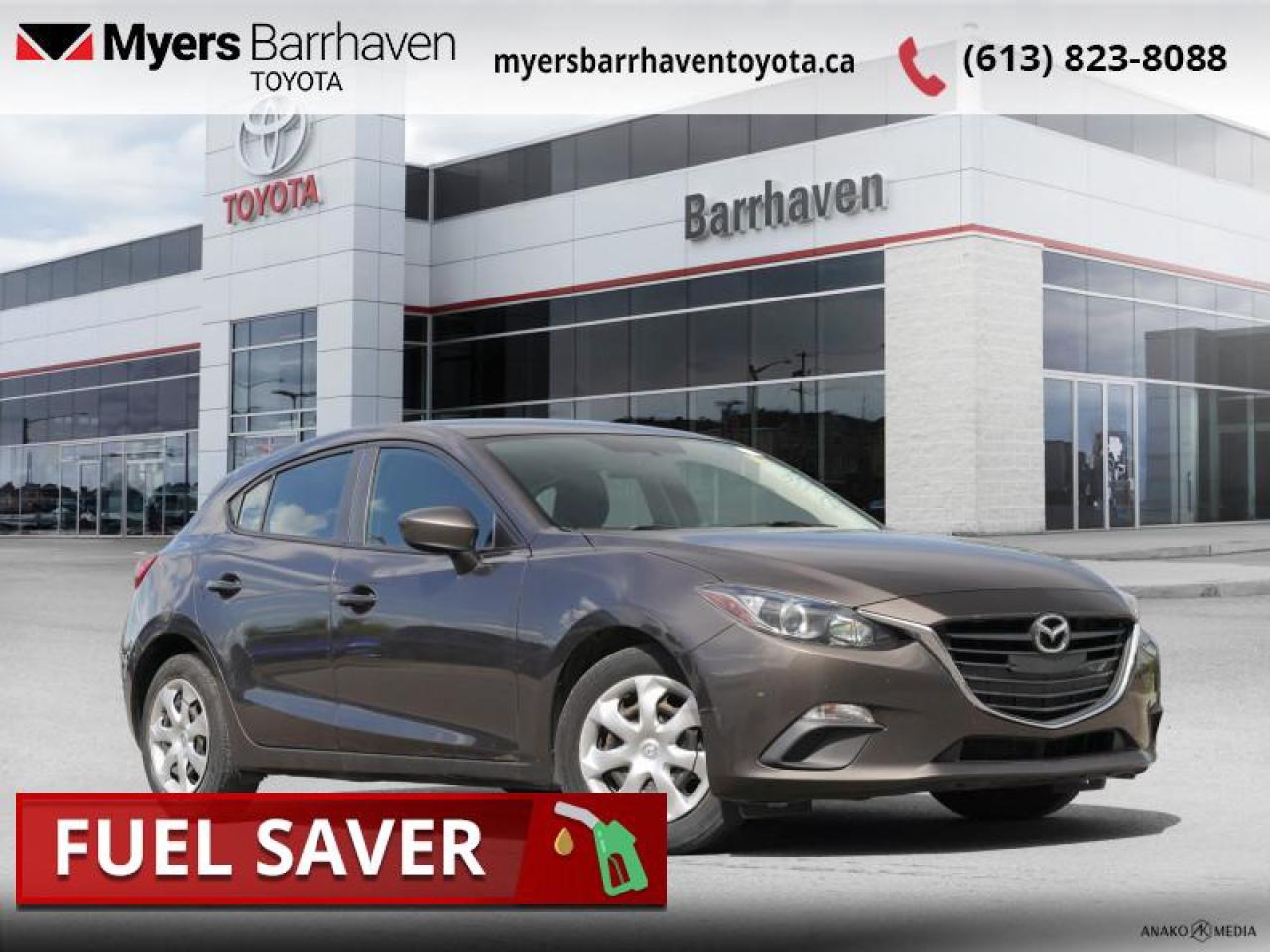 <b>Bluetooth, Air Conditioning, Remote Keyless Entry, Power Windows, Power Doors</b><br> <br>  Compare at $15160 - Our Live Market Price is just $14577! <br> <br>   Spry handling, an upscale interior and energetic most efficient engines keep the 2015 Mazda 3 among the top of the list in its class. This  2015 Mazda Mazda3 is fresh on our lot in Ottawa. <br> <br>The 2015 Mazda 3 is the perfect choice for those that want a compact car that has a perfect balance of style and value. The Mazda 3 offers great fuel economy, precise handling and a long list of features and options making a great value for the price. It is also available in a Sport version with larger wheels and additional cosmetic enhancements.This  hatchback has 101,418 kms. Its  brown in colour  and is completely accident free based on the <a href=https://vhr.carfax.ca/?id=2hshoR4NuxC/EnX8VFRVeGW+Eg9IEqP3 target=_blank>CARFAX Report</a> . It has an automatic transmission and is powered by a  155HP 2.0L 4 Cylinder Engine.  <br> <br>To apply right now for financing use this link : <a href=https://www.myersbarrhaventoyota.ca/quick-approval/ target=_blank>https://www.myersbarrhaventoyota.ca/quick-approval/</a><br><br> <br/><br> Buy this vehicle now for the lowest bi-weekly payment of <b>$142.67</b> with $0 down for 60 months @ 9.99% APR O.A.C. ( Plus applicable taxes -  Plus applicable fees   ).  See dealer for details. <br> <br>At Myers Barrhaven Toyota we pride ourselves in offering highly desirable pre-owned vehicles. We truly hand pick all our vehicles to offer only the best vehicles to our customers. No two used cars are alike, this is why we have our trained Toyota technicians highly scrutinize all our trade ins and purchases to ensure we can put the Myers seal of approval. Every year we evaluate 1000s of vehicles and only 10-15% meet the Myers Barrhaven Toyota standards. At the end of the day we have mutual interest in selling only the best as we back all our pre-owned vehicles with the Myers *LIFETIME ENGINE TRANSMISSION warranty. Thats right *LIFETIME ENGINE TRANSMISSION warranty, were in this together! If we dont have what youre looking for not to worry, our experienced buyer can help you find the car of your dreams! Ever heard of getting top dollar for your trade but not really sure if you were? Here we leave nothing to chance, every trade-in we appraise goes up onto a live online auction and we get buyers coast to coast and in the USA trying to bid for your trade. This means we simultaneously expose your car to 1000s of buyers to get you top trade in value. <br>We service all makes and models in our new state of the art facility where you can enjoy the convenience of our onsite restaurant, service loaners, shuttle van, free Wi-Fi, Enterprise Rent-A-Car, on-site tire storage and complementary drink. Come see why many Toyota owners are making the switch to Myers Barrhaven Toyota. <br>*LIFETIME ENGINE TRANSMISSION WARRANTY NOT AVAILABLE ON VEHICLES WITH KMS EXCEEDING 140,000KM, VEHICLES 8 YEARS & OLDER, OR HIGHLINE BRAND VEHICLE(eg. BMW, INFINITI. CADILLAC, LEXUS...) o~o