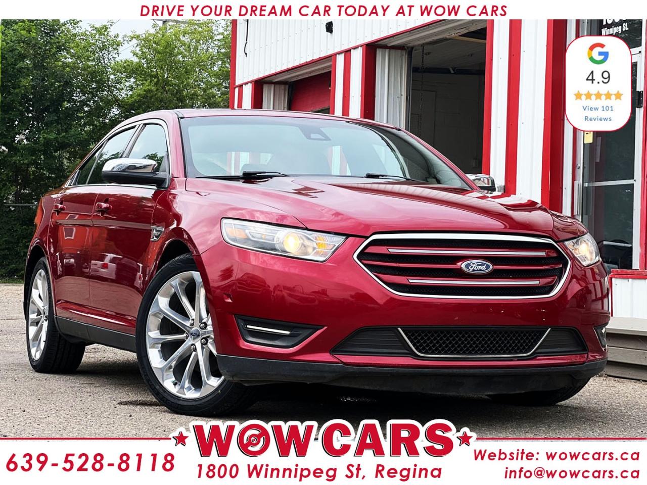 2016 Ford Taurus Limited AWDOdometer: 96,052km <br/> Price: $18,990+taxes <br/> Financing Available <br/>  <br/> WOW Factors:--Certified and mechanical inspection  <br/> -No Accidents <br/> -Brand New Tires <br/> <br/>  <br/> Highlight features:--Lane Keep Departure Warning <br/> -Front Collision Warning <br/> -Blindspot Monitoring <br/> -Backup-Camera <br/> -Alloy Wheels <br/> -Power Leather Seats <br/> -Heated + Cooled Front Seats <br/> -Heated Rear Seats <br/> -Memory Seats <br/> -Heated Steering Wheel <br/> -Push Button Start <br/> -Remote Start <br/> -Park Assist <br/> -Sunroof <br/> -Navigation <br/> -Sony Sound System <br/> -Bluetooth Connectivity <br/> -Adaptive Cruise Control and much more! <br/> <br/>  <br/> Financing Available <br/>  <br/> Welcome to WOW CARS Family! <br/> Our prior most priority is the satisfaction of the customers in each aspect. We deal with the sale/purchase of pre-owned Cars, SUVs, VANs, and Trucks. Our main values are Truth, Transparency, and Believe. <br/> <br/>  <br/> Visit WOW CARS Today at 1800 Winnipeg Street Regina, SK S4P1G2, or give us a call at (639) 528-8II8. <br/>
