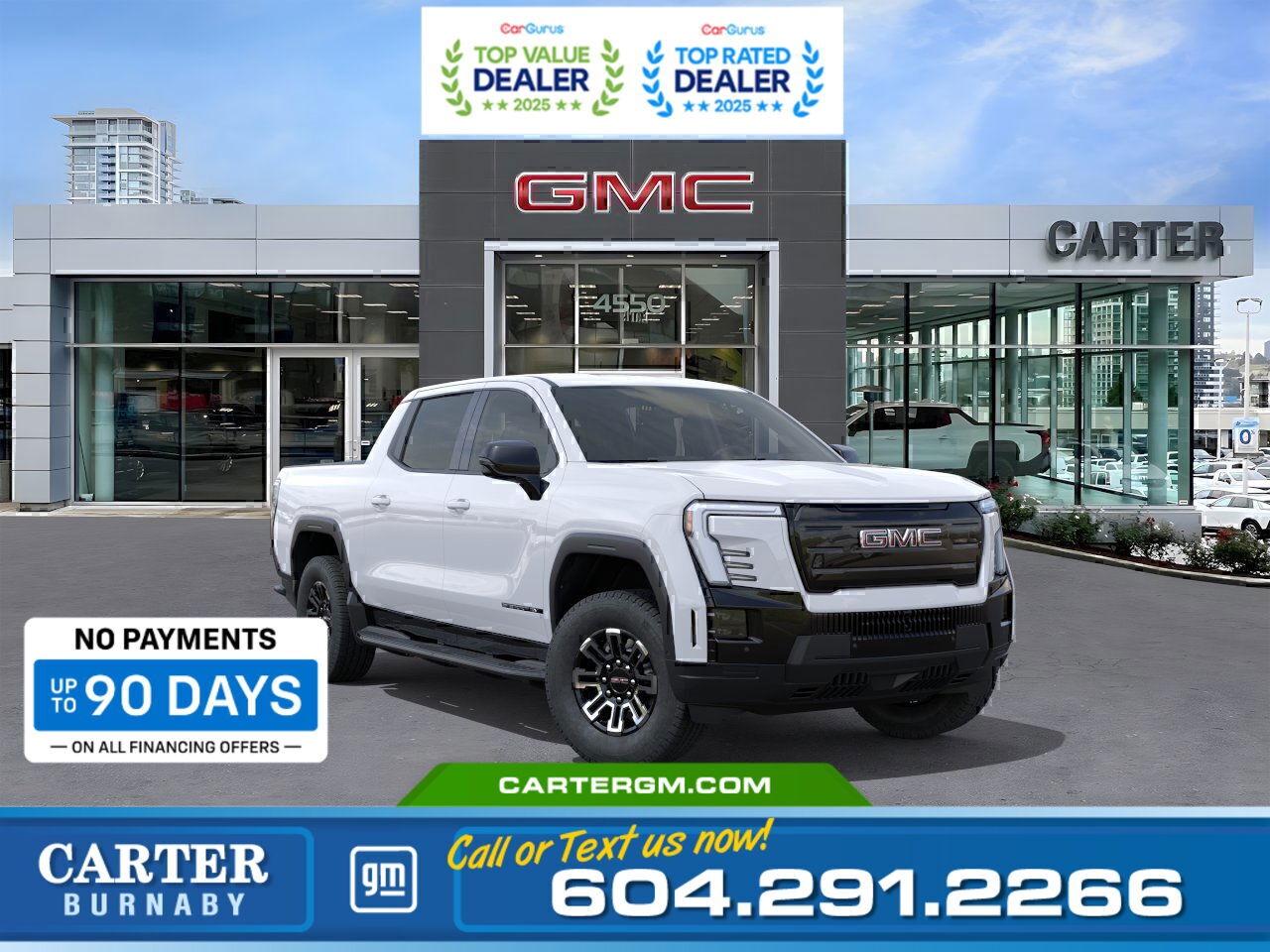 Purchase your new vehicle today and enjoy NO PAYMENTS FOR UP TO 90 DAYS. Upgrade with confidence, without stretching your budget!  The 2026 GMC Sierra EV Standard Range Elevation combines bold capability with innovative electric performance. Featuring the versatile MultiPro Tailgate, lockable eTrunk with power outlet, and advanced trailering tech with Hitch View and Guidance, it&rsquo;s built for work and play. Inside, enjoy heated power front seats, an 11" digital driver display, Wi-Fi hotspot capability, and remote start pre-conditioning. Safety comes first with Pedestrian and Bicyclist Braking, Side Bicyclist Alert, Traffic Sign Recognition, and more.  Come take it for a test drive today and experience all this stylish vehicle has to offer!  WHY CARTER GM BURNABY?  - An unrivalled vehicle purchasing experience! - Exceeding our loyal customers expectations since 1963 - 4.5 Google star rating with 2,175+ customer reviews) - CarGurus Top-Rated Dealer 2025 Award - CarGurus Top Value Dealer 2025 Award - Vehicle trades welcome! Best price guaranteed! - We provide upfront pricing, zero hidden fees, and 100% transparency - Fast approvals and 99% acceptance rates (no matter your current credit status!) - Multilingual staff (many languages spoken) - Comfortable non-pressured environment with in-store television, WIFI and a childrens play area! - In-store restaurant: fresh daily menu        Were here to help you drive the vehicle you want, the vehicle you deserve! QUESTIONS? GREAT! WEVE GOT ANSWERS! To speak with a friendly vehicle specialist - CALL NOW! (Doc. Fee: $495.00 Dealer Code: D5505)