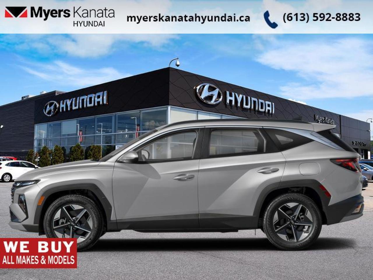 <b>Heated Seats,  Heated Steering Wheel,  Adaptive Cruise Control,  Remote Start,  Blind Spot Detection!</b><br> <br>    Highways, byways, urban sprawls, and remote expanses, this 2025 Hyundai Tucson does it all with ease and grace. This  2025 Hyundai Tucson is fresh on our lot in Kanata. <br> <br>This 2025 Hyundai Tucson was made with eye for detail. From subtle surprises to bold design features, every part of this 2025 Hyundai Tucson is a treat. Stepping into the interior feels like a step right into the future with breathtaking technology and luxury that will make your smartphone jealous. Add on an intelligently capable chassis and drivetrain and you have the SUV of the future, ready for you today.This  SUV has 16,996 kms. Its  shimmering silv in colour  . It has an automatic transmission and is powered by a  187HP 2.5L 4 Cylinder Engine. <br> <br> Our Tucsons trim level is Preferred AWD. This amazing crossover SUV features a full-time all-wheel-drive system, and is decked with a great number of standard features such as heated front seats, a heated leather-wrapped steering wheel, proximity keyless entry with push button start, remote engine start, and a 12.3-inch infotainment screen bundled with Apple CarPlay and Android Auto, with a 6-speaker audio system. Occupant safety is assured, thanks to adaptive cruise control, blind spot detection, lane keep assist with lane departure warning, forward collision avoidance with pedestrian and cyclist detection, and a rear view camera. Additional features include LED headlights with automatic high beams, towing equipment with trailer sway control, and even more. This vehicle has been upgraded with the following features: Heated Seats,  Heated Steering Wheel,  Adaptive Cruise Control,  Remote Start,  Blind Spot Detection,  Lane Keep Assist,  Lane Departure Warning. <br> <br>To apply right now for financing use this link : <a href=https://www.myerskanatahyundai.com/finance/ target=_blank>https://www.myerskanatahyundai.com/finance/</a><br><br> <br/><br>Smart buyers buy at Myers where all cars come Myers Certified including a 1 year tire and road hazard warranty (some conditions apply, see dealer for full details.)<br> <br>This vehicle is located at Myers Kanata Hyundai 400-2500 Palladium Dr Kanata, Ontario.<br>*LIFETIME ENGINE TRANSMISSION WARRANTY NOT AVAILABLE ON VEHICLES WITH KMS EXCEEDING 140,000KM, VEHICLES 8 YEARS & OLDER, OR HIGHLINE BRAND VEHICLE(eg. BMW, INFINITI. CADILLAC, LEXUS...)<br> Come by and check out our fleet of 30+ used cars and trucks and 50+ new cars and trucks for sale in Kanata.  o~o