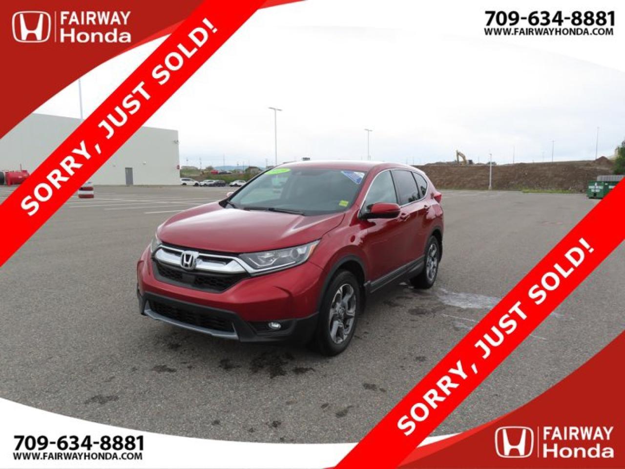 Awards:* ALG Canada Residual Value AwardsRecent Arrival!Odometer is 38872 kilometers below market average! Molten Lava Pearl 2019 Honda CR-V EX SORRY, JUST SOLD! AWD CVT 1.5L I4 Turbocharged DOHC 16V LEV3-ULEV70 190hp*Professionally Detailed*, *Market Value Pricing*, AWD, 18 Aluminum Alloy Wheels, 4-Wheel Disc Brakes, 6 Speakers, ABS brakes, Air Conditioning, AM/FM radio, Apple CarPlay/Android Auto, Auto High-beam Headlights, Automatic temperature control, Brake assist, Bumpers: body-colour, Delay-off headlights, Driver door bin, Driver vanity mirror, Dual front impact airbags, Dual front side impact airbags, Electronic Stability Control, Exterior Parking Camera Rear, Fabric Seating Surfaces, Forward collision: Collision Mitigation Braking System (CMBS) + FCW mitigation, Four wheel independent suspension, Front anti-roll bar, Front dual zone A/C, Front fog lights, Front reading lights, Fully automatic headlights, Garage door transmitter: HomeLink, Heated door mirrors, Heated Front Bucket Seats, Illuminated entry, Lane departure: Lane Keeping Assist System (LKAS) active, Low tire pressure warning, Occupant sensing airbag, Outside temperature display, Overhead airbag, Overhead console, Panic alarm, Passenger door bin, Passenger vanity mirror, Power door mirrors, Power driver seat, Power moonroof, Power steering, Power windows, Radio data system, Radio: 180-Watt AM/FM Audio System, Rear anti-roll bar, Rear window defroster, Rear window wiper, Remote keyless entry, Security system, Speed control, Speed-sensing steering, Speed-Sensitive Wipers, Split folding rear seat, Spoiler, Steering wheel mounted audio controls, Tachometer, Telescoping steering wheel, Tilt steering wheel, Traction control, Trip computer, Turn signal indicator mirrors, Variably intermittent wipers.Certification Program Details: 85 Point Inspection Top Up Fluids Brake Inspection Tire Inspection Fresh 2 Year MVI Fresh Oil ChangeFairway Honda - Community Driven!