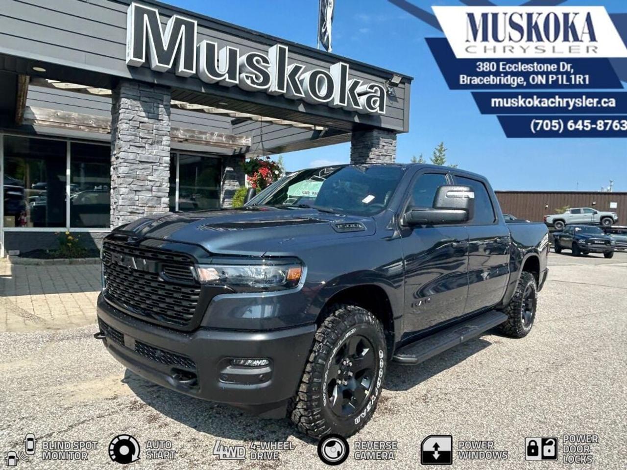 This RAM 1500 WARLOCK, with a 3.0L I-6 twin turbo engine engine, features a 8-speed automatic transmission, and generates 9.8 highway/14 city L/100km. Find this vehicle with only 28 kilometers!  RAM 1500 WARLOCK Options: This RAM 1500 WARLOCK offers a multitude of options. Technology options include: Voice Recorder, MP3 Capability, Radio w/Seek-Scan, Clock, Speed Compensated Volume Control, Aux Audio Input Jack, Voice Activation, Radio Data System and External Memory Control, Radio: Uconnect 5 w/8.4 Display, Satellite Radio.  Safety options include Variable Intermittent Wipers, Airbag Occupancy Sensor, Curtain 1st And 2nd Row Airbags, Dual Stage Driver And Passenger Front Airbags, Dual Stage Driver And Passenger Seat-Mounted Side Airbags.  Visit Us: Find this RAM 1500 WARLOCK at Muskoka Chrysler today. We are conveniently located at 380 Ecclestone Dr Bracebridge ON P1L1R1. Muskoka Chrysler has been serving our local community for over 40 years. We take pride in giving back to the community while providing the best customer service. We appreciate each and opportunity we have to serve you, not as a customer but as a friend