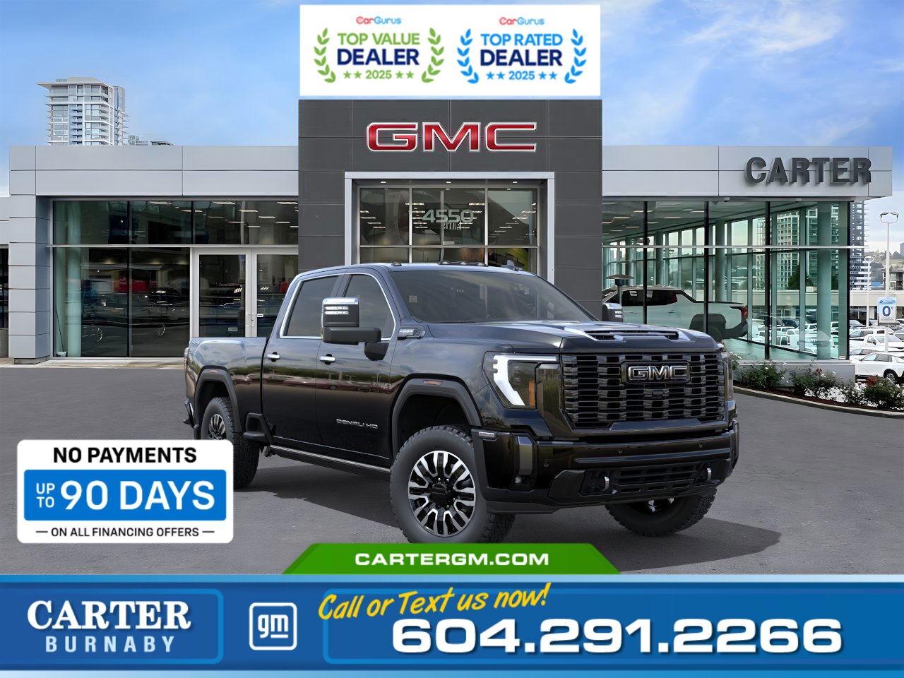 Purchase your new vehicle today and enjoy NO PAYMENTS FOR UP TO 90 DAYS. Upgrade with confidence, without stretching your budget!  The 2025 GMC Sierra 3500 HD Denali Ultimate sets the standard for power and luxury. Driven by a Duramax 6.6L Turbo-Diesel V8 and equipped with the X31 Off-Road Package, its ready for any challenge. The ProGrade Trailering System, MultiPro Tailgate, Bed View Camera, and Trailer Side Blind Zone Alert make towing effortless and secure. Inside, experience full-grain leather seating, heated second-row seats, a heated steering wheel, power sunroof, and advanced tech with a 12.3" Driver Display and 13.4" touchscreen.  Come take it for a test drive today and experience all this stylish vehicle has to offer!  WHY CARTER GM BURNABY?  - An unrivalled vehicle purchasing experience! - Exceeding our loyal customers expectations since 1963 - 4.5 Google star rating with 2,175+ customer reviews) - CarGurus Top-Rated Dealer 2025 Award - CarGurus Top Value Dealer 2025 Award - Vehicle trades welcome! Best price guaranteed! - We provide upfront pricing, zero hidden fees, and 100% transparency - Fast approvals and 99% acceptance rates (no matter your current credit status!) - Multilingual staff (many languages spoken) - Comfortable non-pressured environment with in-store television, WIFI and a childrens play area! - In-store restaurant: fresh daily menu        Were here to help you drive the vehicle you want, the vehicle you deserve! QUESTIONS? GREAT! WEVE GOT ANSWERS! To speak with a friendly vehicle specialist - CALL NOW! (Doc. Fee: $495.00 Dealer Code: D5505)