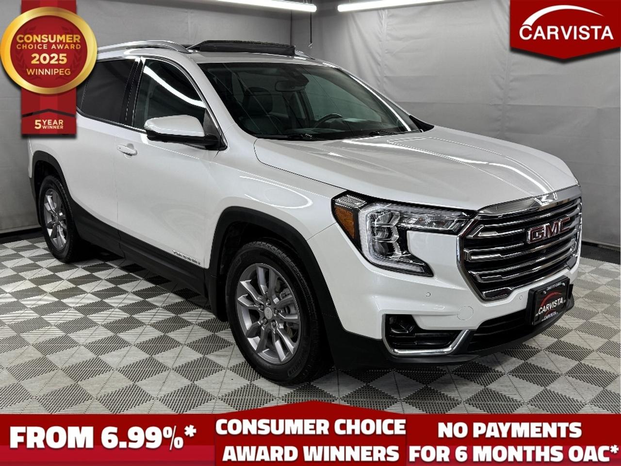 CONSECUTIVE COMSUMER CHOICE AWARD WINNERS!

LEATHER HEATED SEATS/STEERING WHEEL, PANORAMIC SUNROOF, FRONT CRASH DETECTION, HEADS UP DISPLAY, ANDROID/APPLE CARPLAY, REVERSE CAMERA/360, DUAL CLIMATE CONTROLS, REMOTE START, POWER LIFTGATE, LOCAL VEHICLE, NO ACCIDENTS, FACTORY WARRANTY

Factory powertrain warranty until April 19, 2027 or 100,000KM

This 2022 GMC Terrain SLT AWD offers a perfect balance of luxury, versatility, and all season capability. A one-owner SUV with no accident history, it has been well cared for and is still covered by the factory powertrain warranty until April 19, 2027, or 100,000 KM, giving you peace of mind for years to come.

Powered by an efficient yet responsive 1.5L turbo charged engine and paired with GMCs advanced all wheel drive system, the Terrain delivers a smooth, confident drive in any weather. The SLT trim provides an upscale interior with premium leather appointed seats, heated front seats, a heated steering wheel, dual-zone climate control, and a spacious cabin with flexible cargo space.

Technology is front and center with a large touchscreen infotainment system, navigation, Apple CarPlay, Android Auto, Bluetooth handsfree, and a premium sound system. Safety features include forward collision alert, automatic emergency braking, lane keep assist, blind spot monitoring, rear cross traffic alert, a rearview camera, and remote start for added convenience.

Stylish exterior details like chrome accents, LED lighting, and sleek alloy wheels give this SUV a modern, refined look. With low ownership history, full warranty coverage, and GMCs signature build quality, this 2022 Terrain SLT AWD is ready to deliver dependable performance and premium comfort.

5 years running, consecutive receivers of the prestigious Consumer Choice Award in 2021, 2022, 2023, 2024 and 2025! Low rate dealer arranged financing available! 
At Carvista we offer a unique buying experience, with no deceiving finance gimmicks and trades are welcome but not required! Carvista is a family operated business that has been in business for over 25 years, and has earned a A+ BBB Accreditation and outstanding consumer accolades. Offering 175 quality pre-owned vehicles, all are certified and Carfax verified, most with remaining factory warranty and a modern facility located on Winnipegs Regent Ave strip. We welcome you to visit us at 1201 Regent Ave W, at Carvista, and drive away in a like new vehicle for less. In many cases we can offer no payments for 6 months! Dont let your trade or credit stop you, we accept any kind, any time. CARVISTA.CA, "Where the deals are".
 Prices and payments exclude GST OR PST Carvista Inc. 
Dealer Permit # 1211, Category: Used Vehicle 
Please verify all ad details with a Carvista sales person, vehicle may not be exactly as shown.