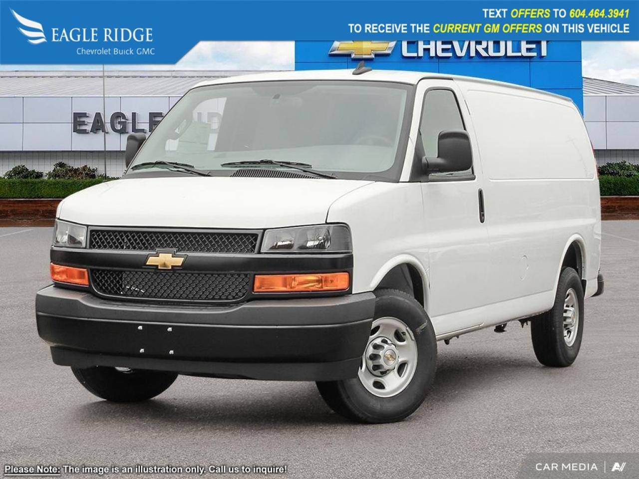 New 2025 Chevrolet Express 3500 Work Van Solar-Ray tinted glass, swing-out side doors, swing-out rear doors, supportive seats, air conditioning, power accessories, 12V/120V power outlets, smart storage, AM/FM/MP3 audio system, rearview camer for sale in Coquitlam, BC